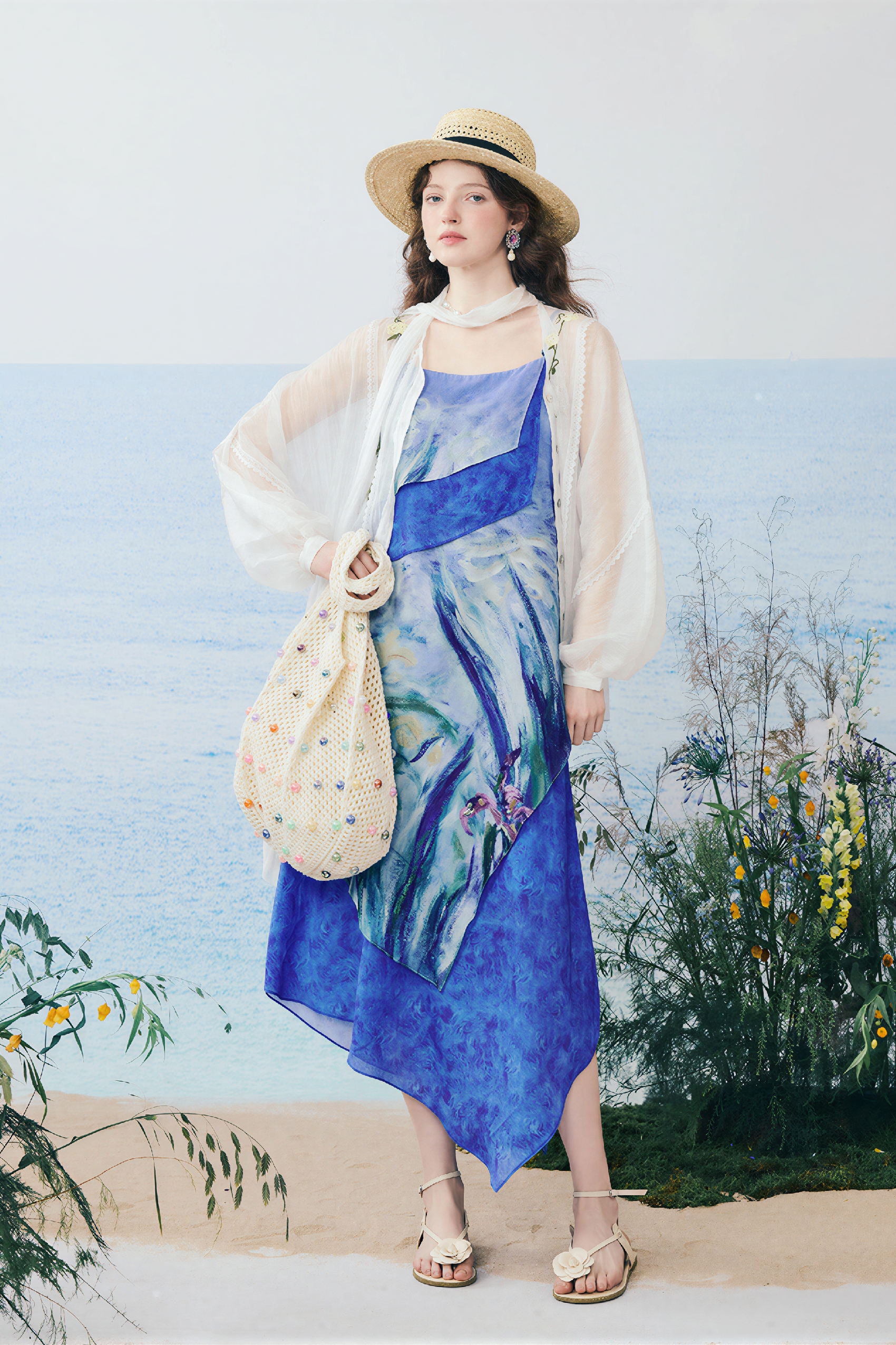 Monet-Inspired Blue Color-Block Vacation Slip Dress-LYONSENS