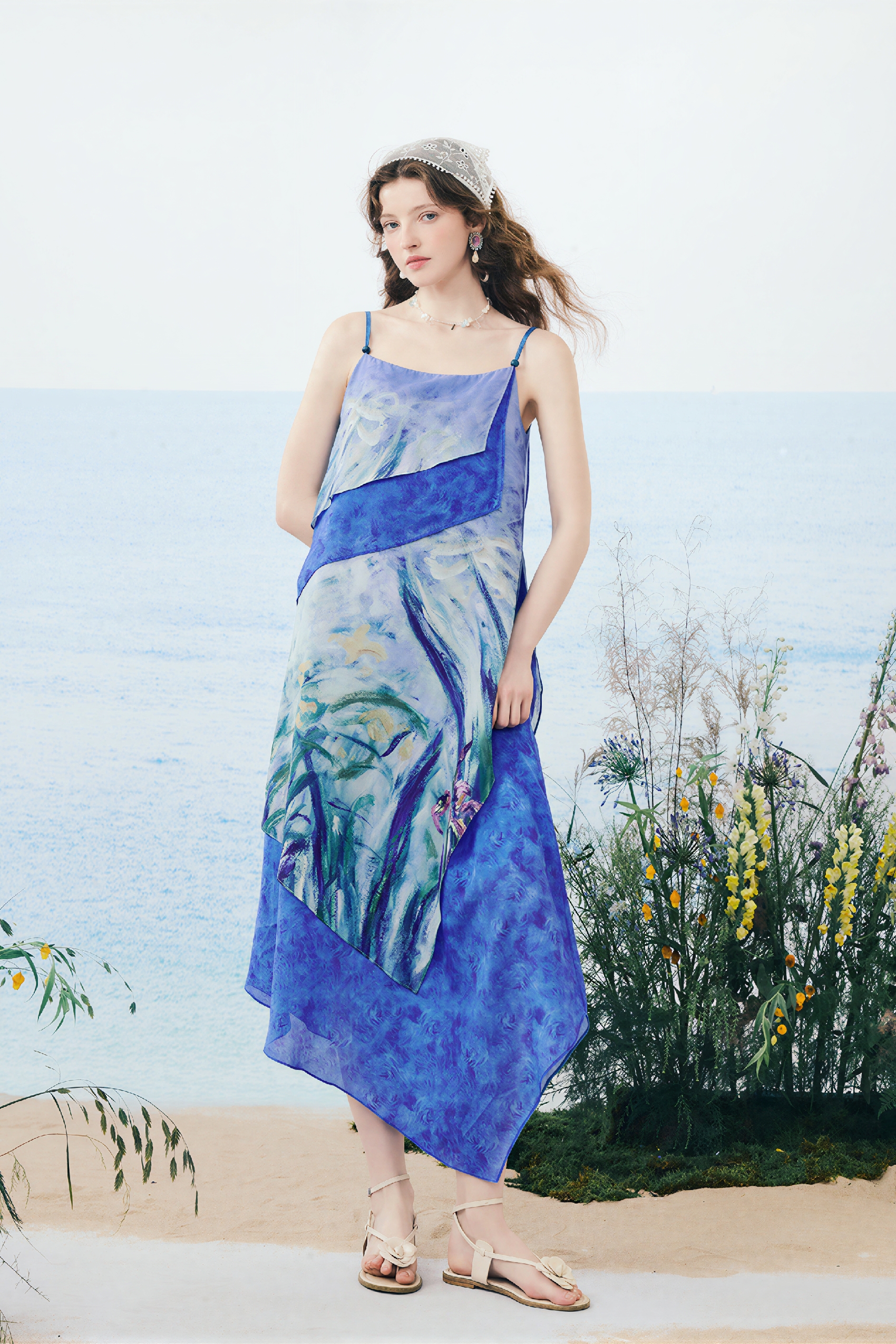 Monet-Inspired Blue Color-Block Vacation Slip Dress-LYONSENS