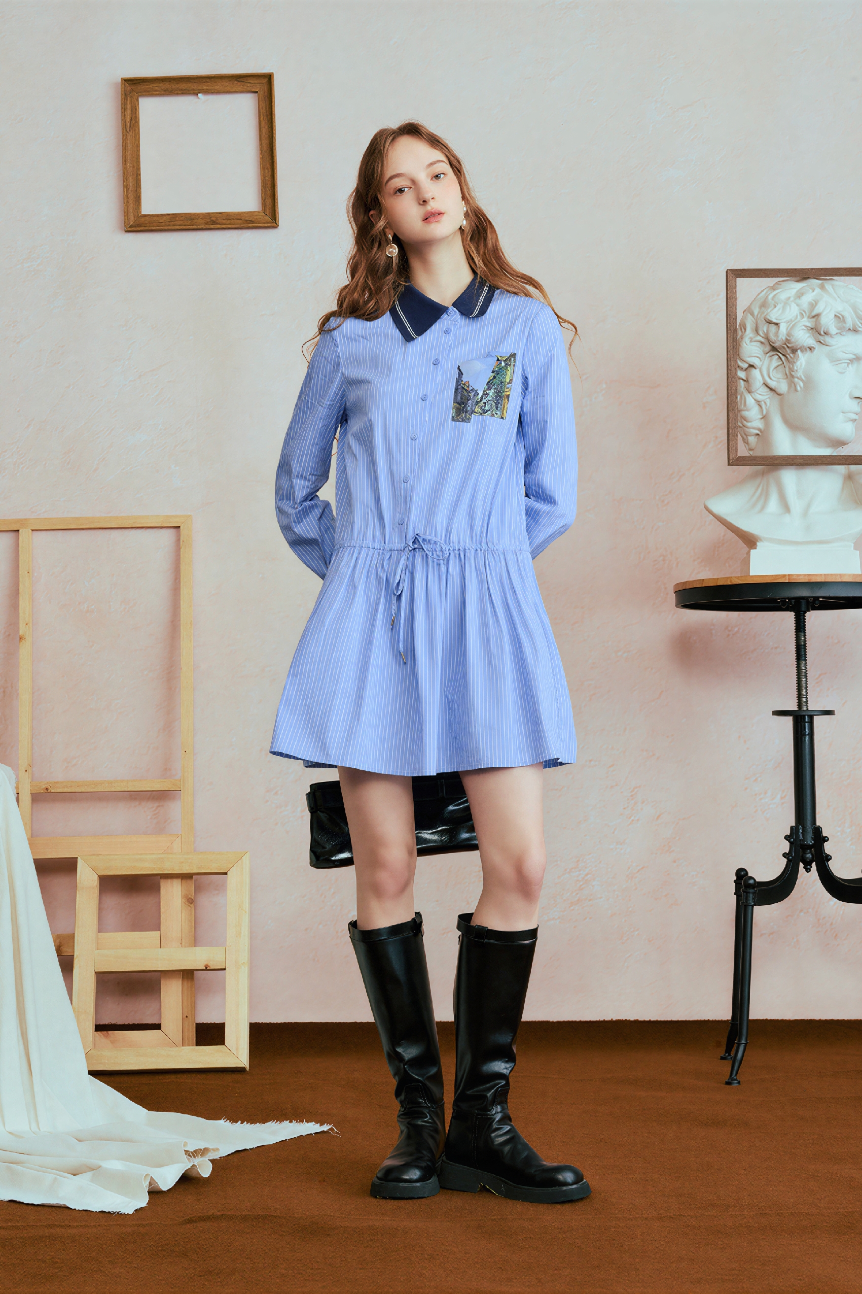 Monet-Inspired Striped Waist-Defined Shirt Dress