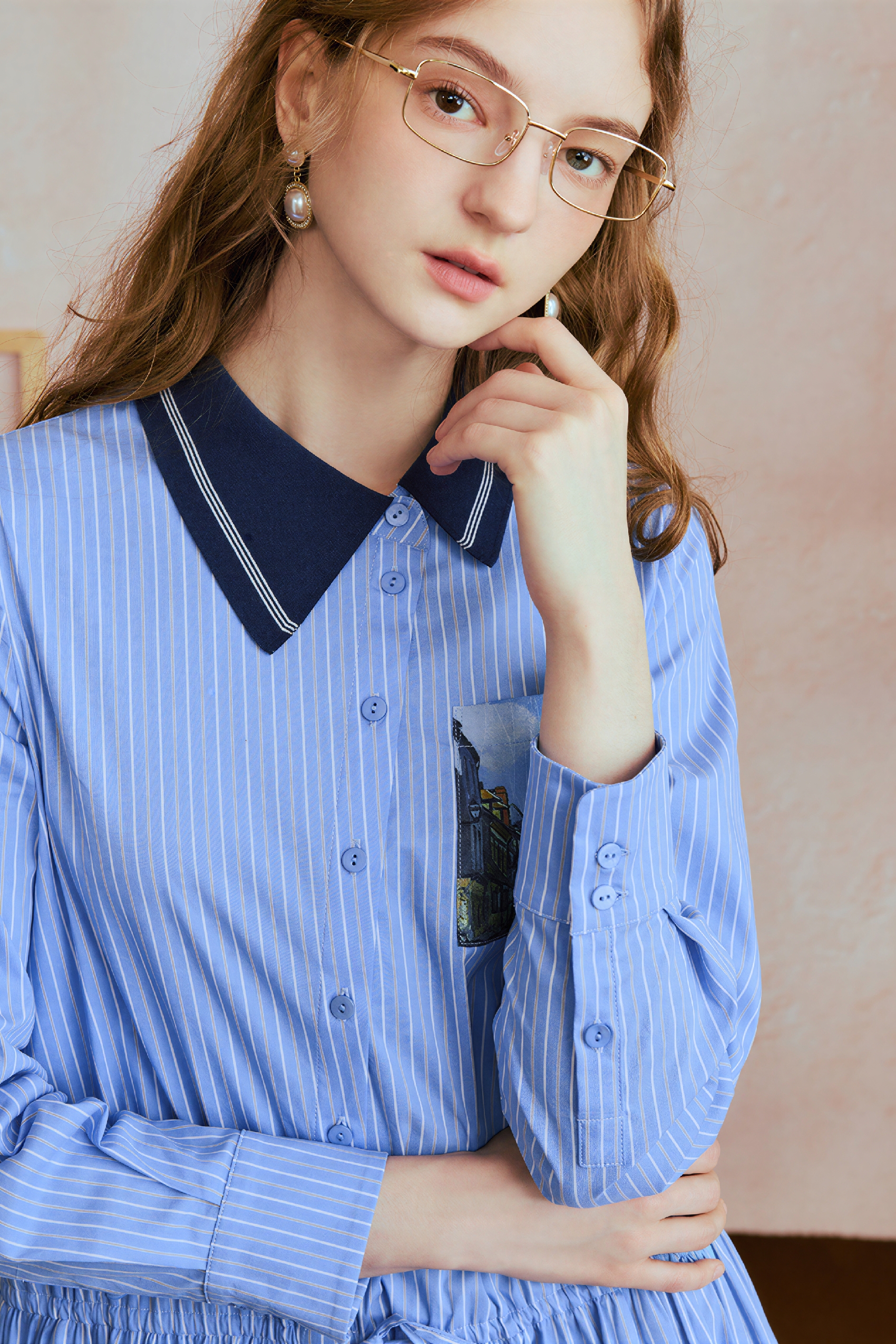 Monet-Inspired Striped Waist-Defined Shirt Dress