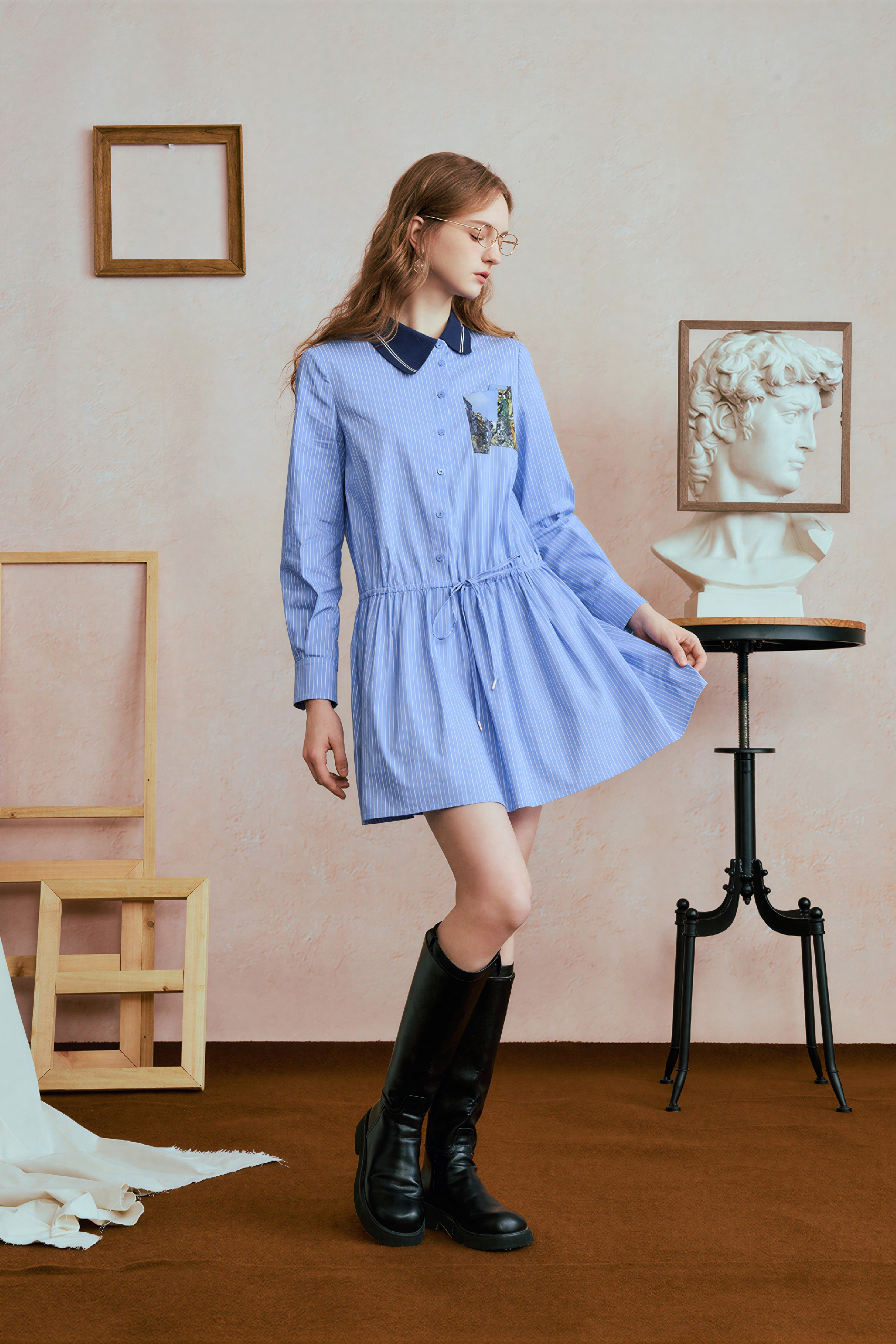 Monet-Inspired Striped Waist-Defined Shirt Dress