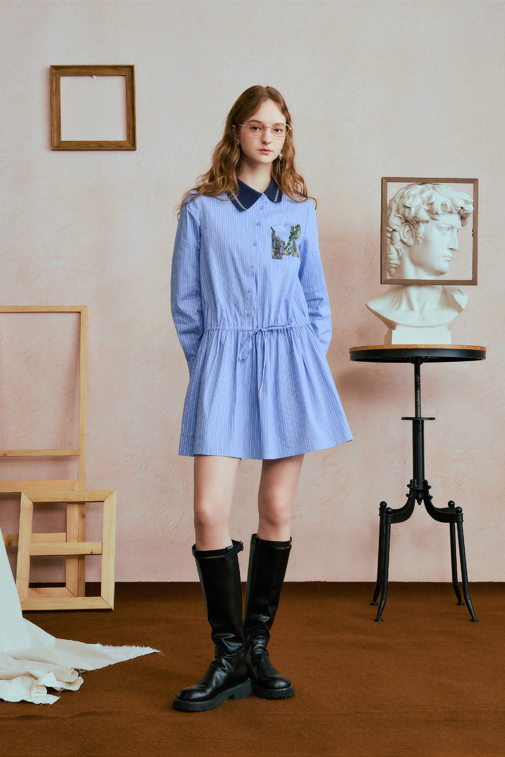 Monet-Inspired Striped Waist-Defined Shirt Dress