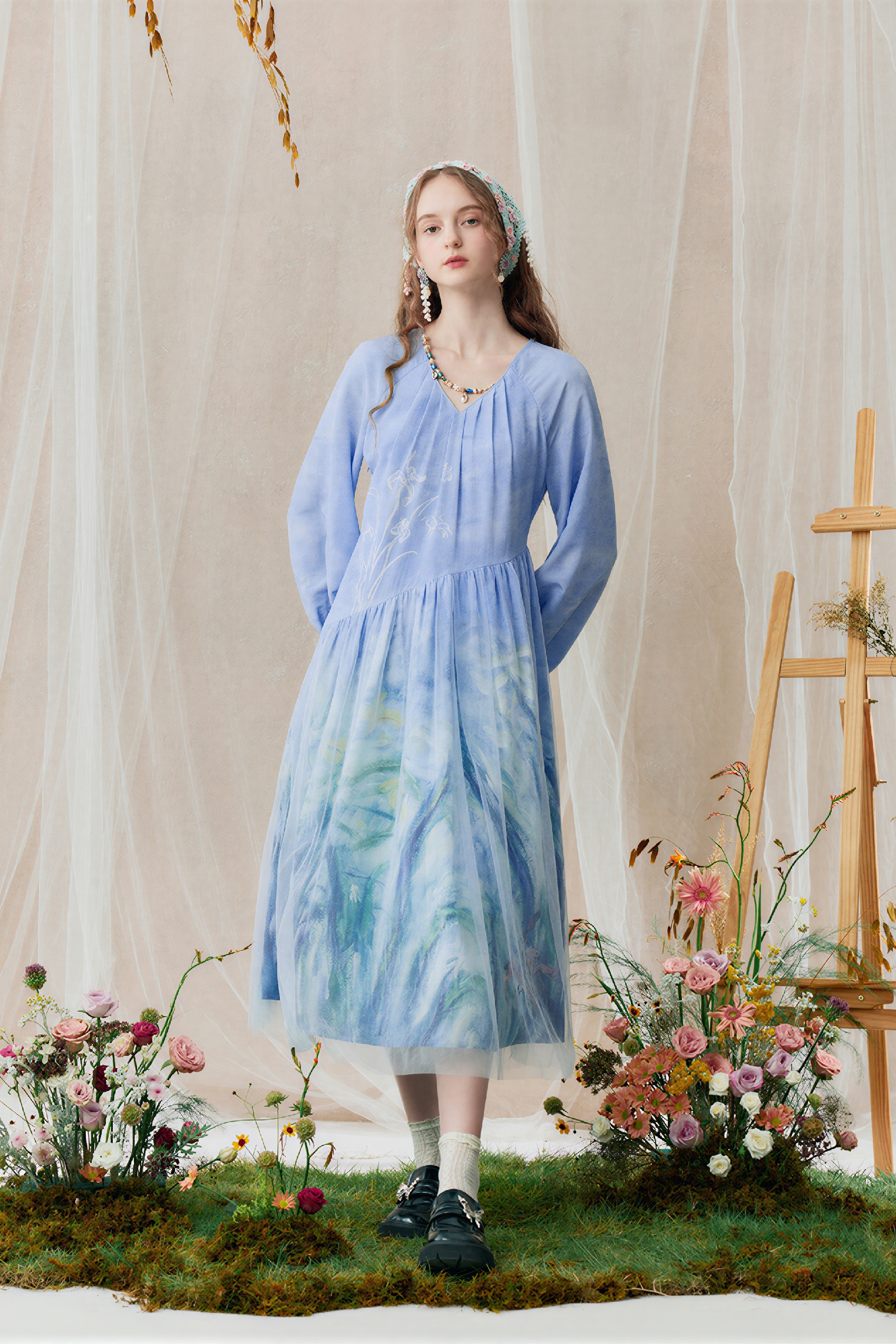 Monet-Inspired Blue Seaside Vacation Dress-LYONSENS