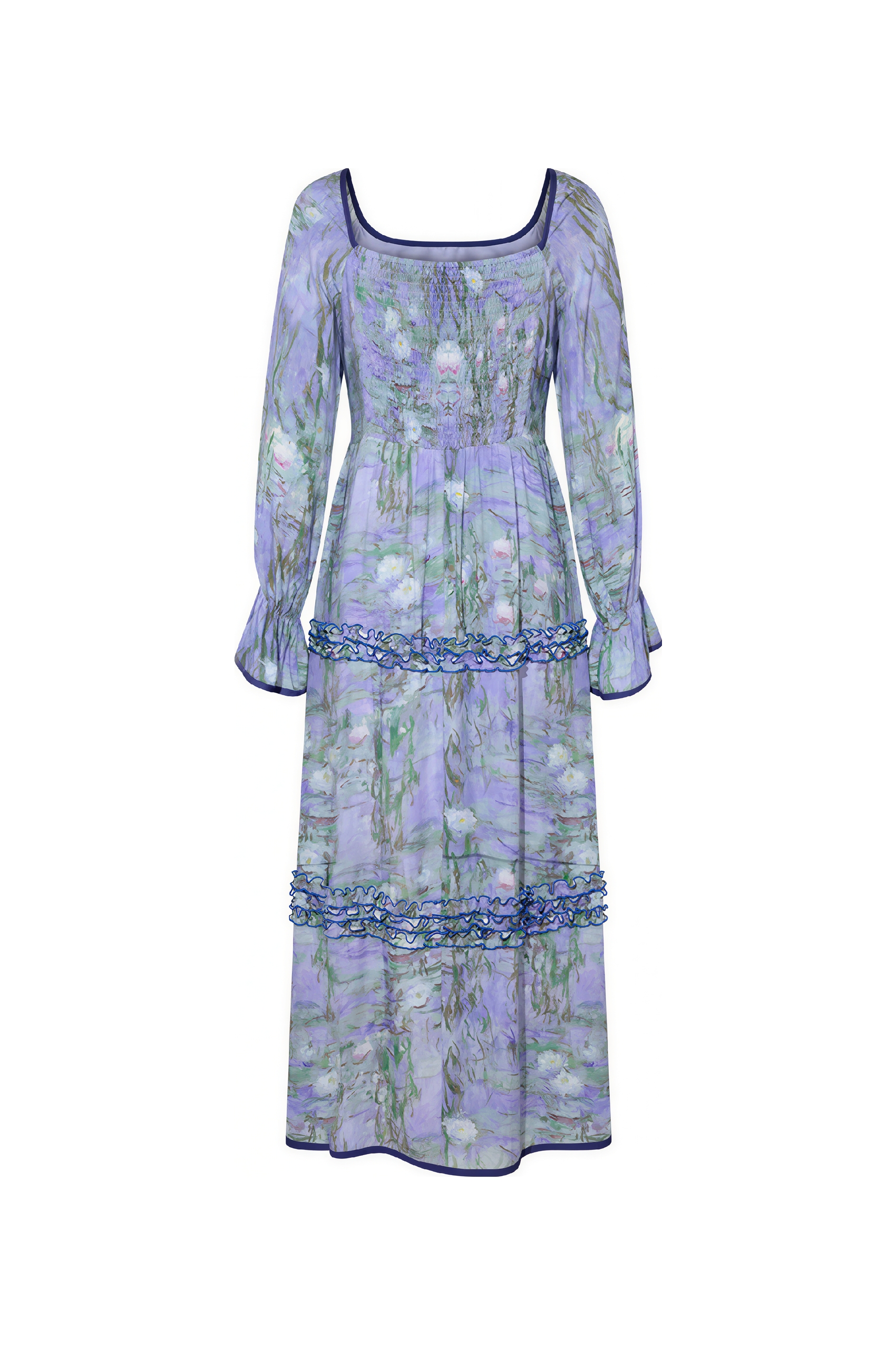 Monet-Inspired French Printed Long-Sleeve Dress