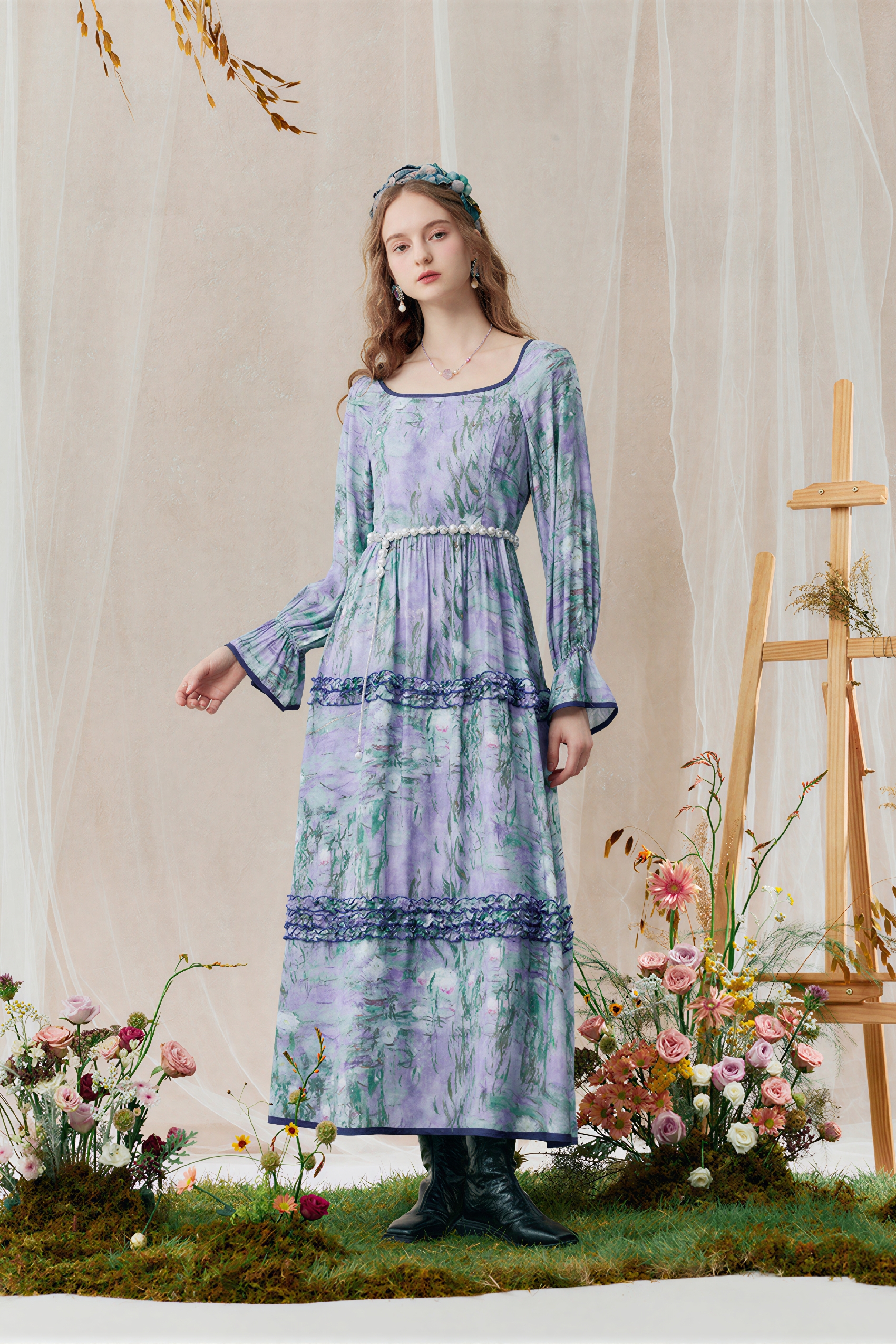 Monet-Inspired French Printed Long-Sleeve Dress