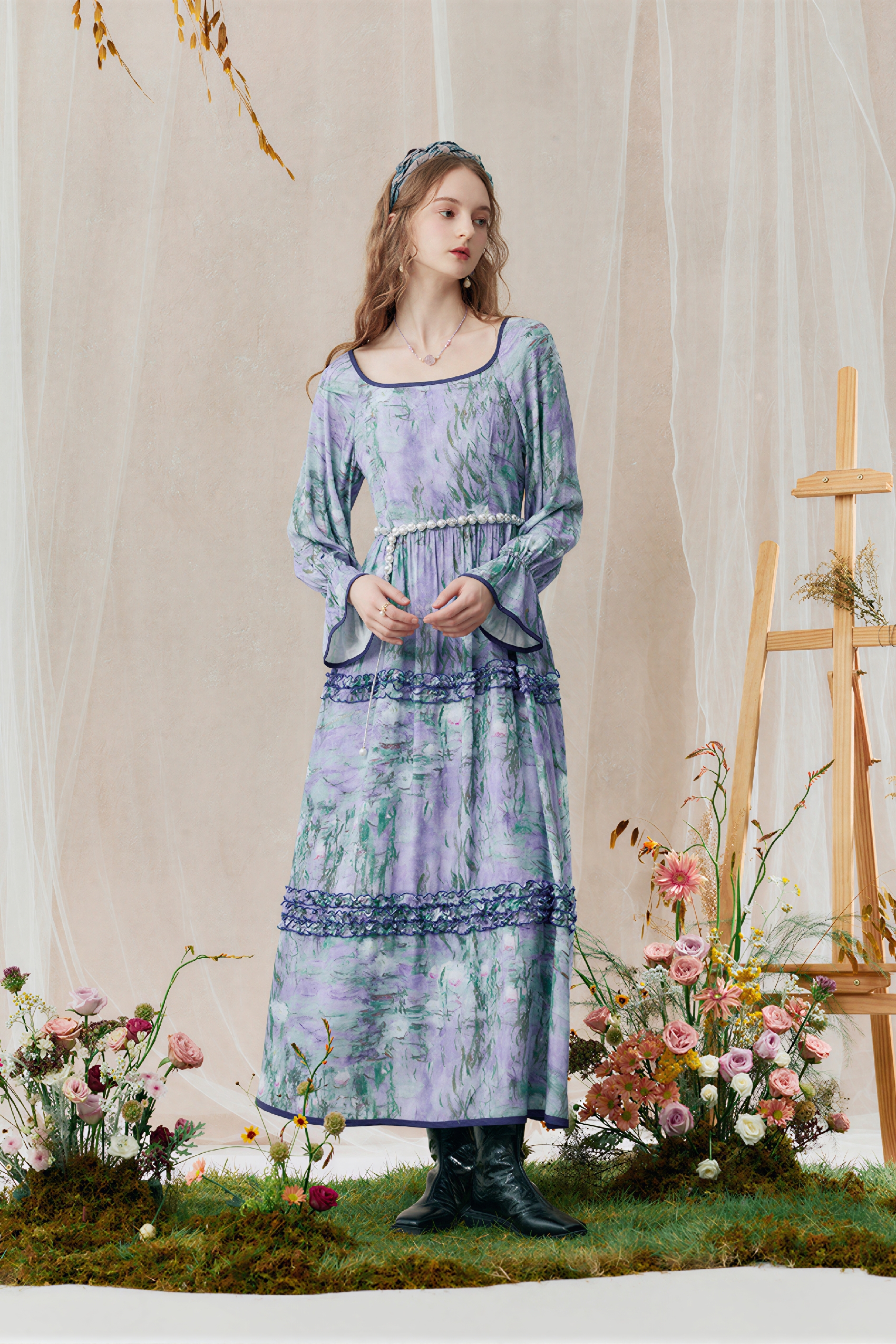 Monet-Inspired French Printed Long-Sleeve Dress