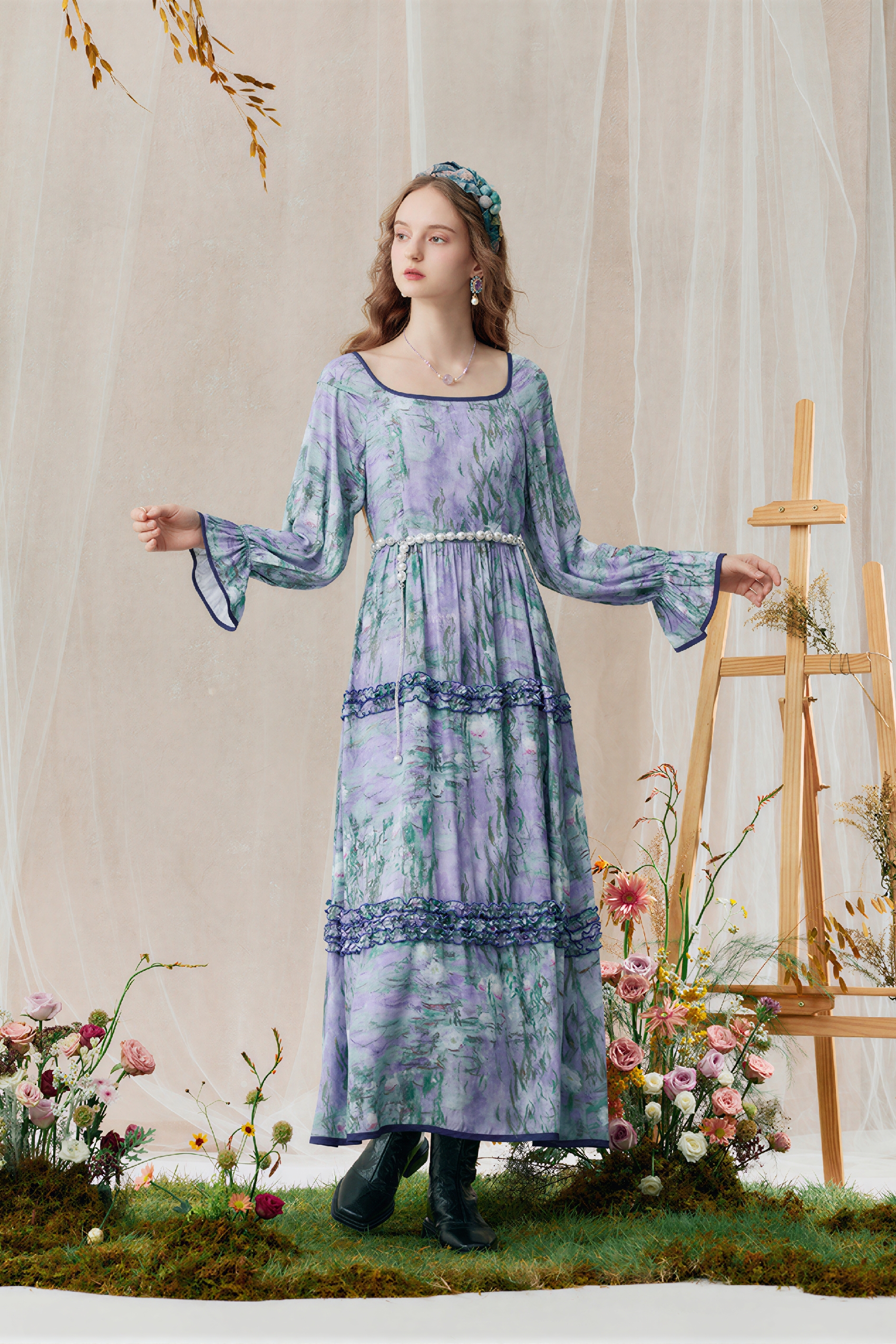 Monet-Inspired French Printed Long-Sleeve Dress