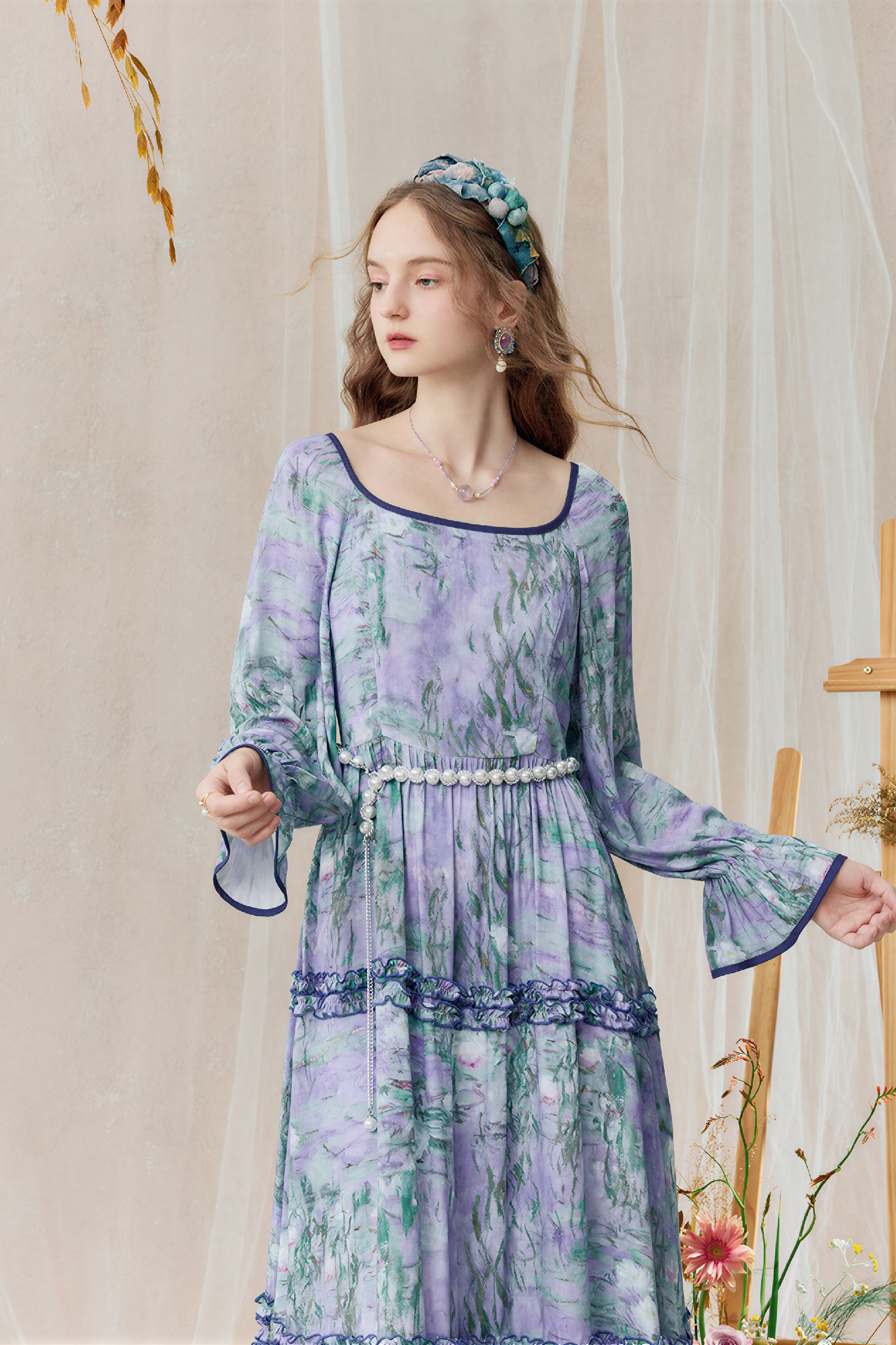 Monet-Inspired French Printed Long-Sleeve Dress