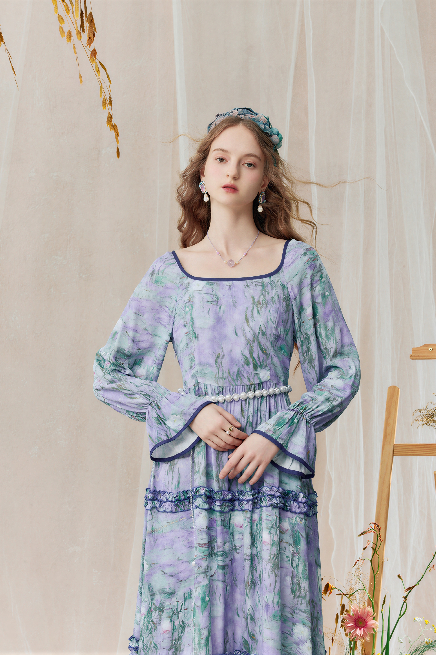 Monet-Inspired French Printed Long-Sleeve Dress