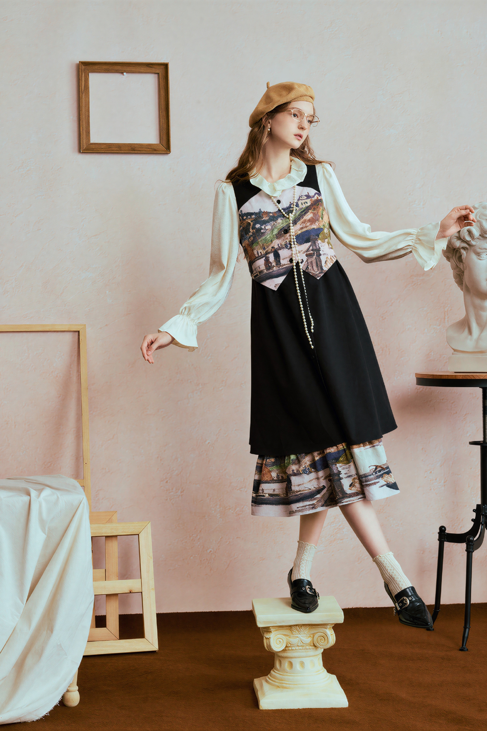 French cardigan black vest dress