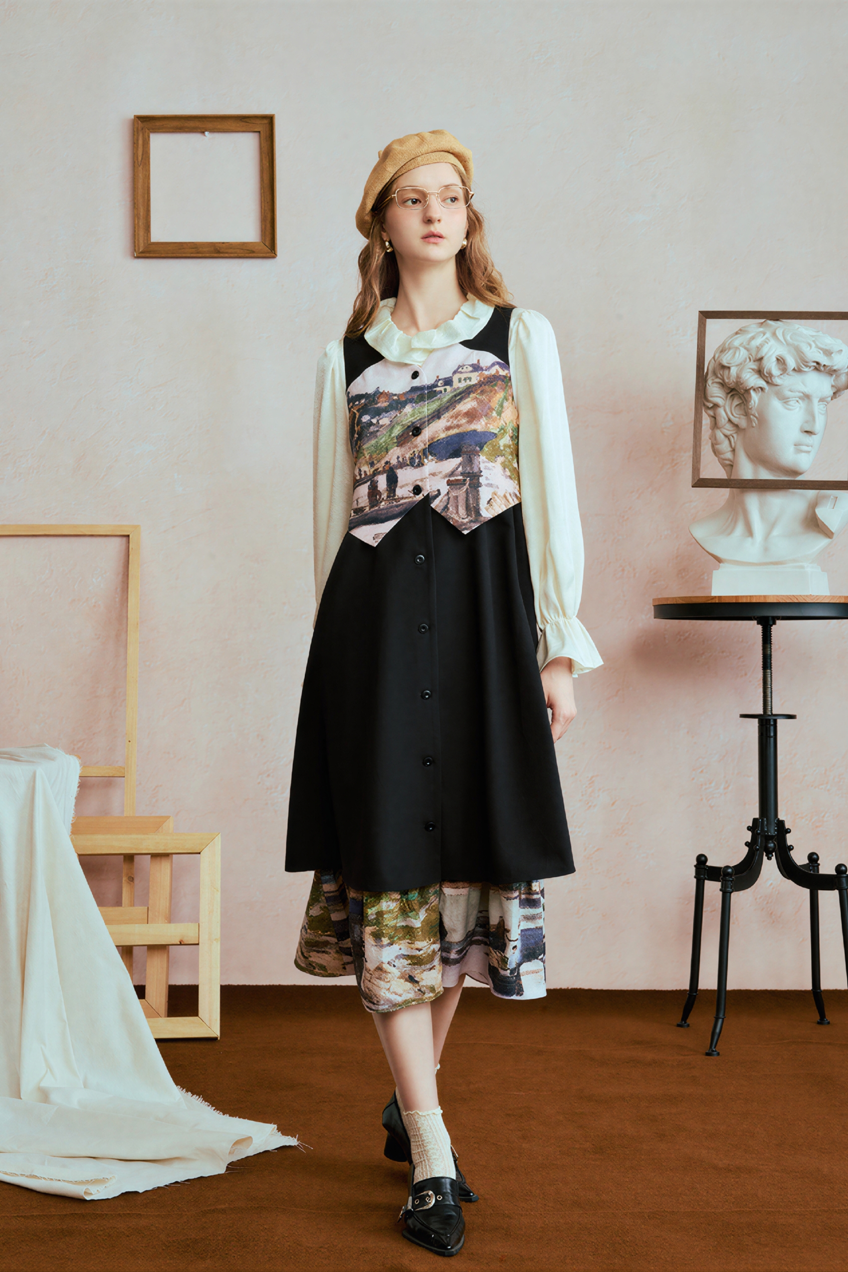 French cardigan black vest dress