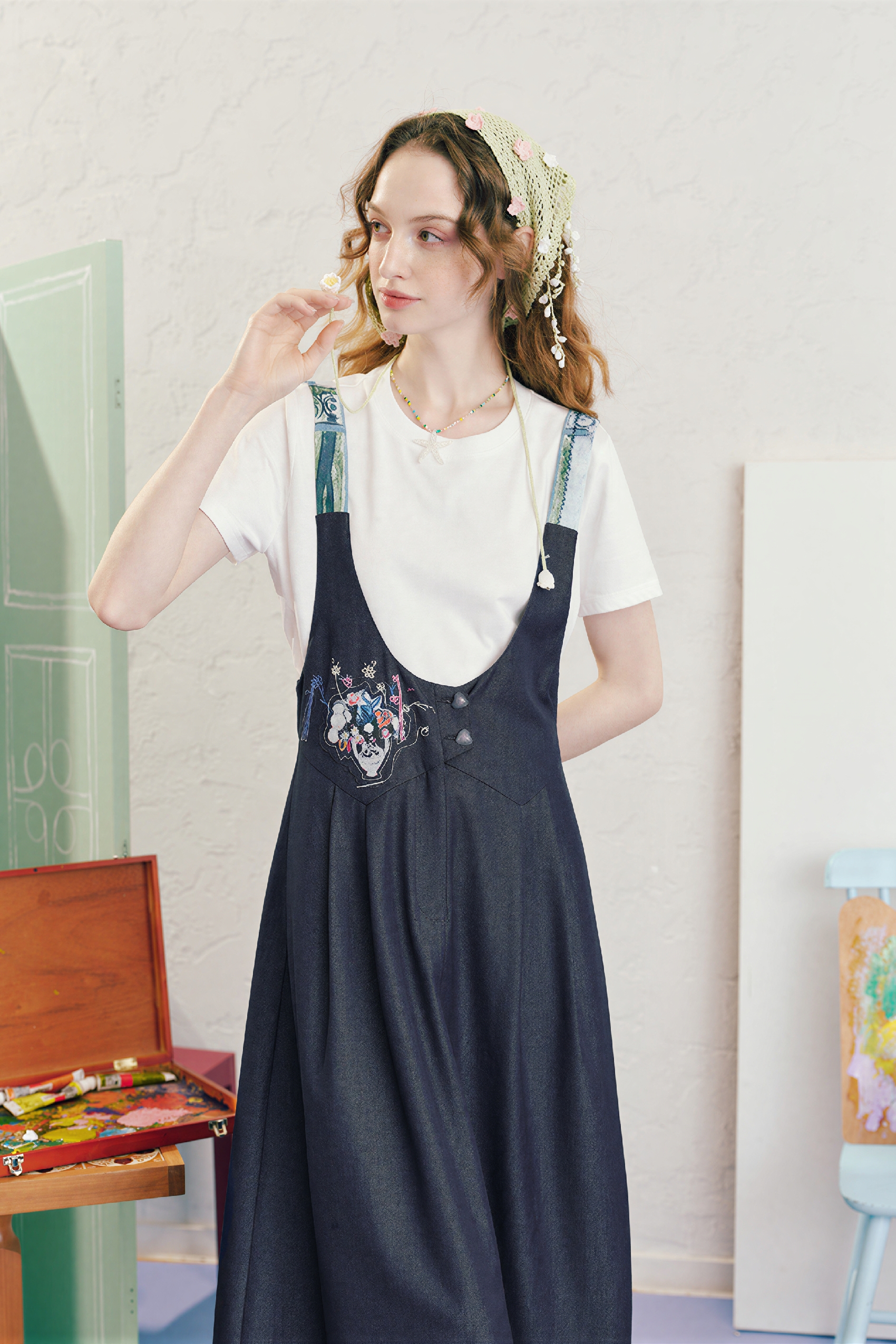 French Style Denim Pinafore Dress