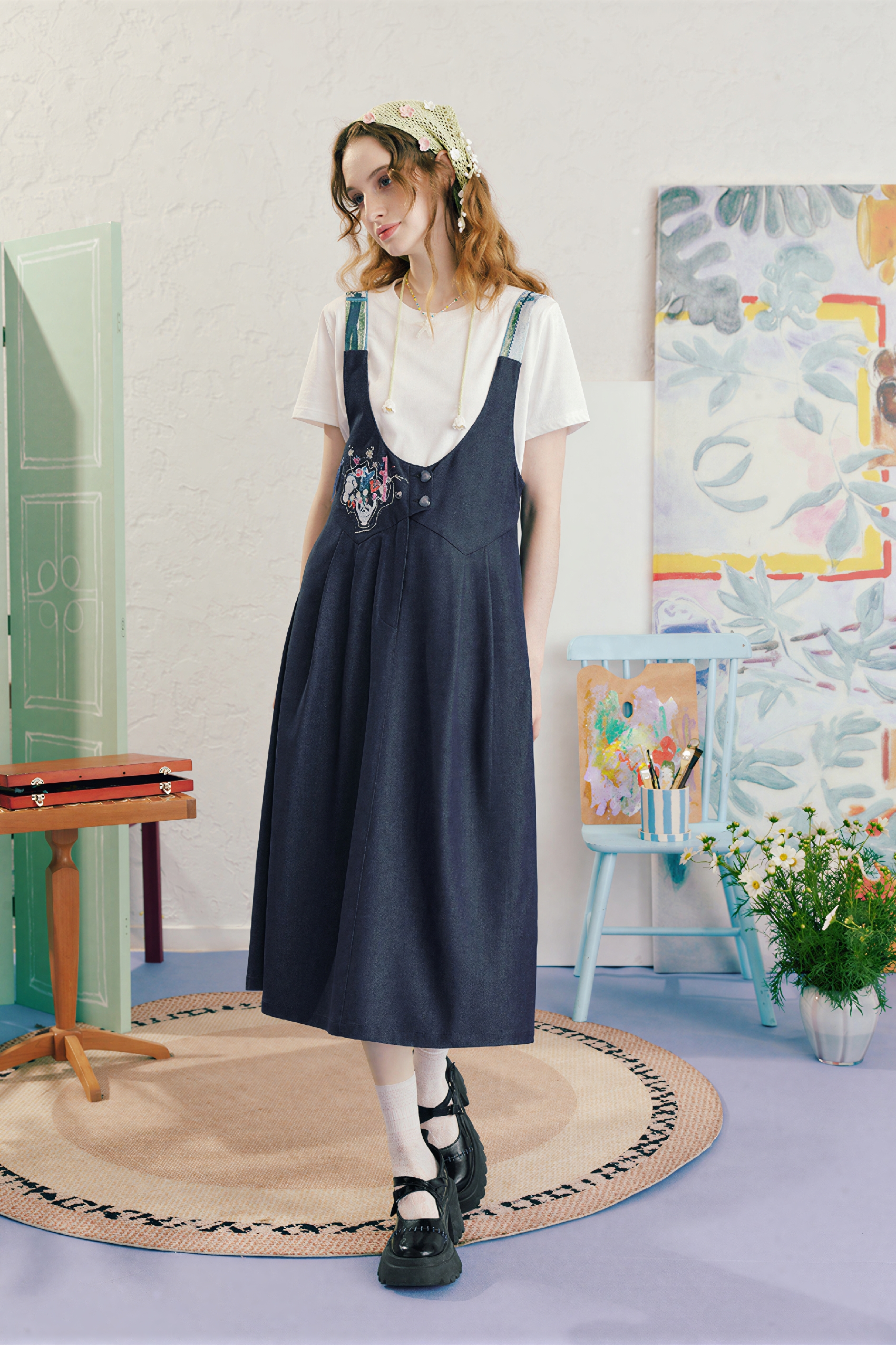 French Style Denim Pinafore Dress