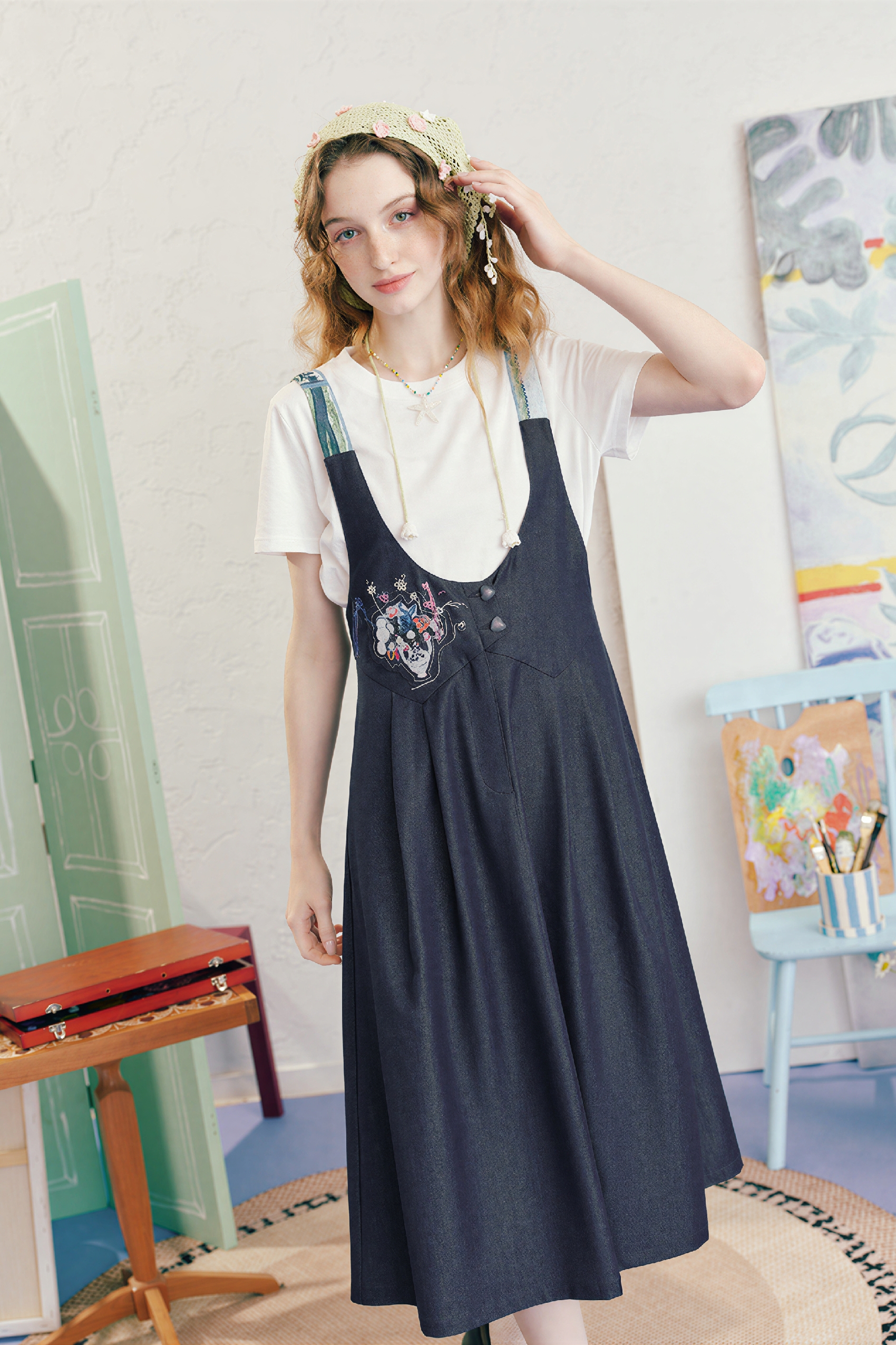 French Style Denim Pinafore Dress