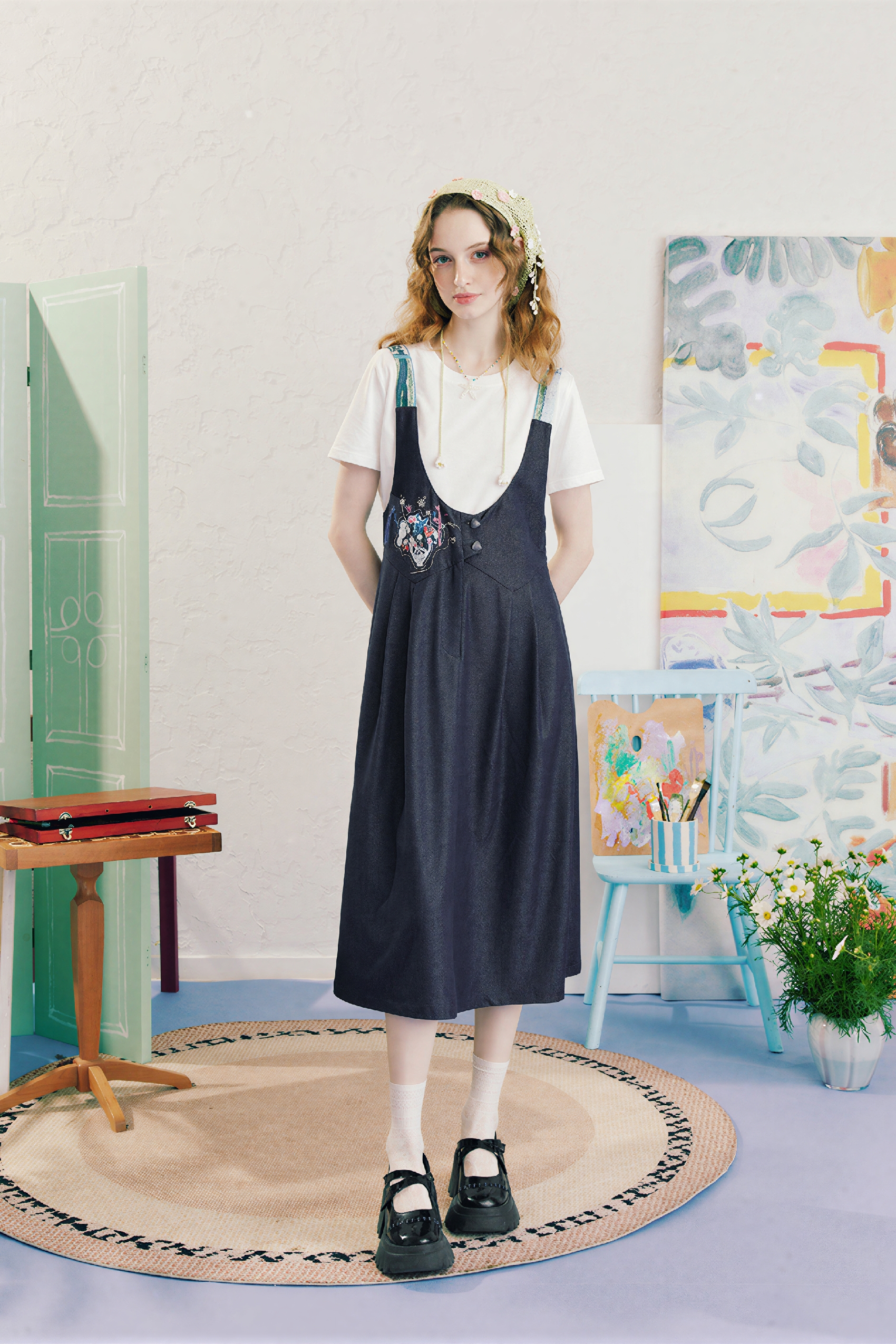 French Style Denim Pinafore Dress