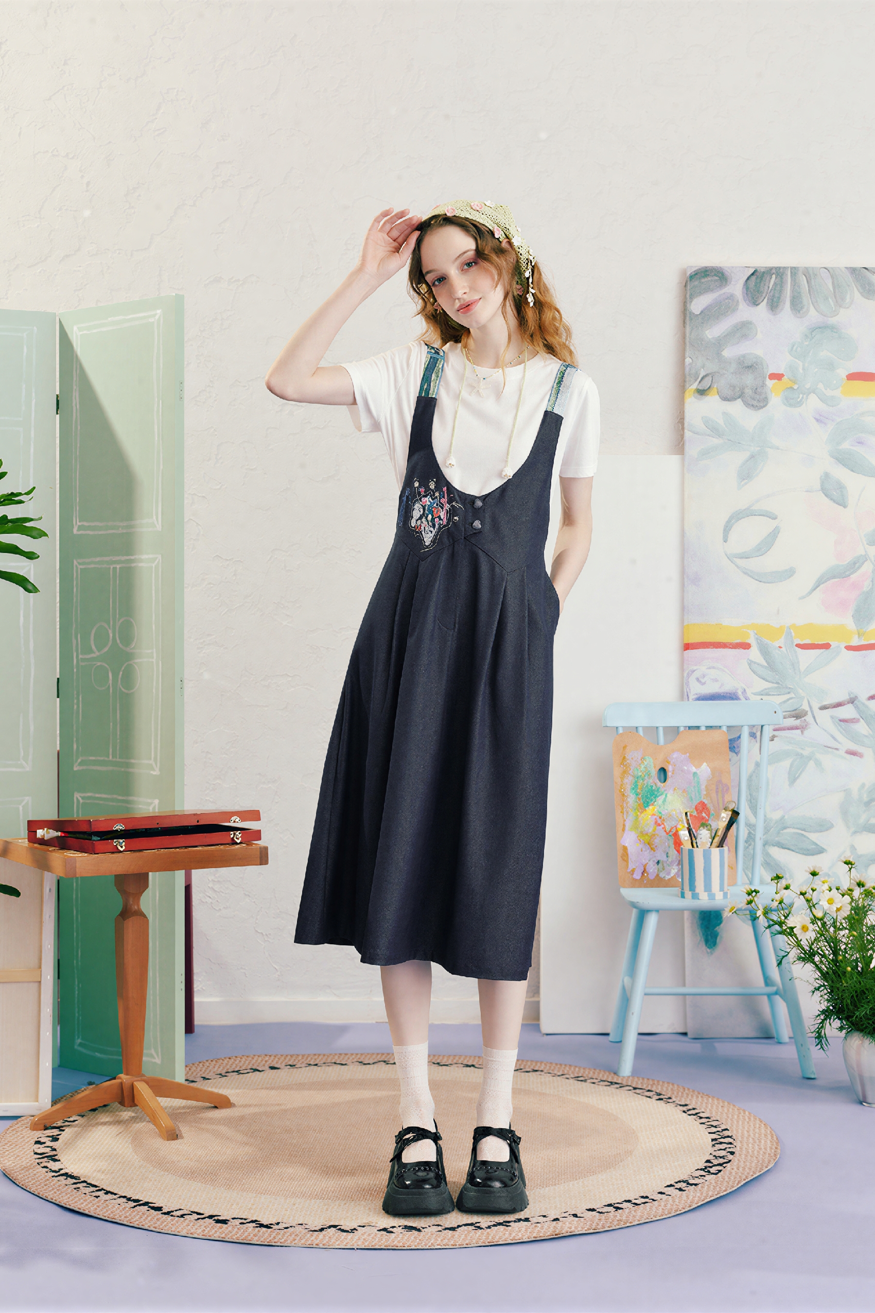 French Style Denim Pinafore Dress