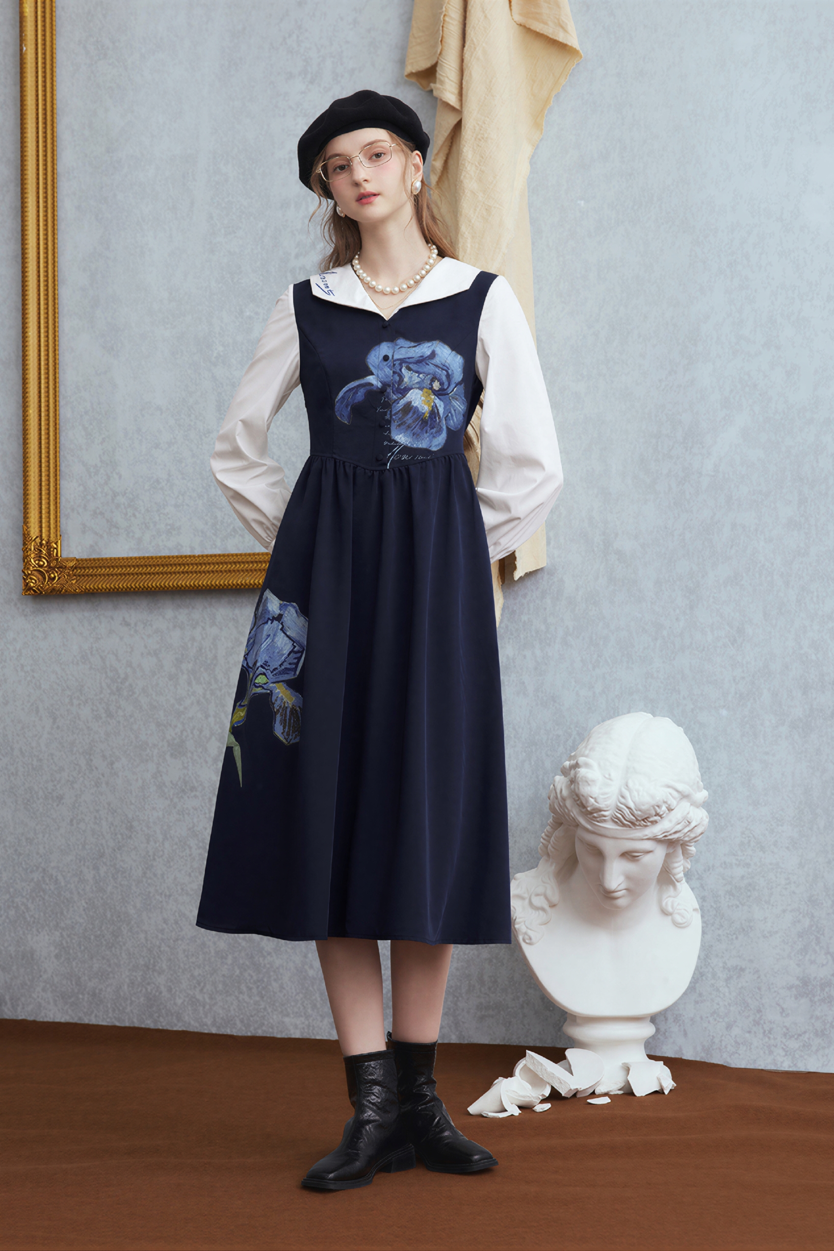 Van Gogh-Inspired French Artistic Waist-Defined Dress