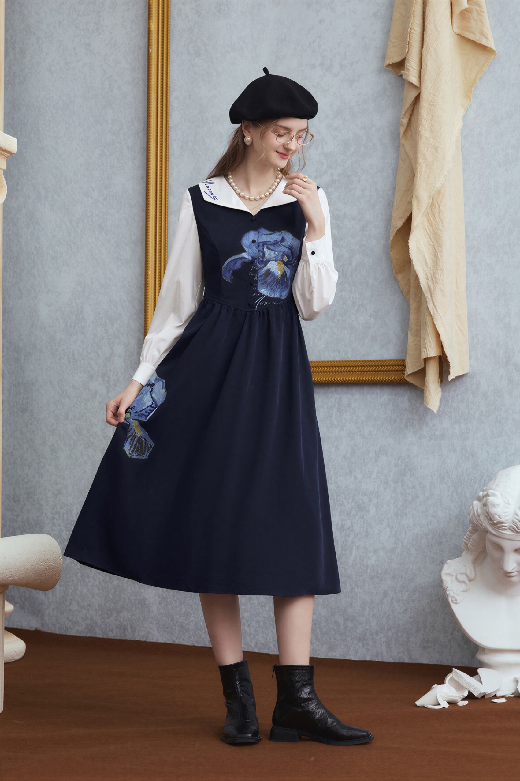 Van Gogh-Inspired French Artistic Waist-Defined Dress