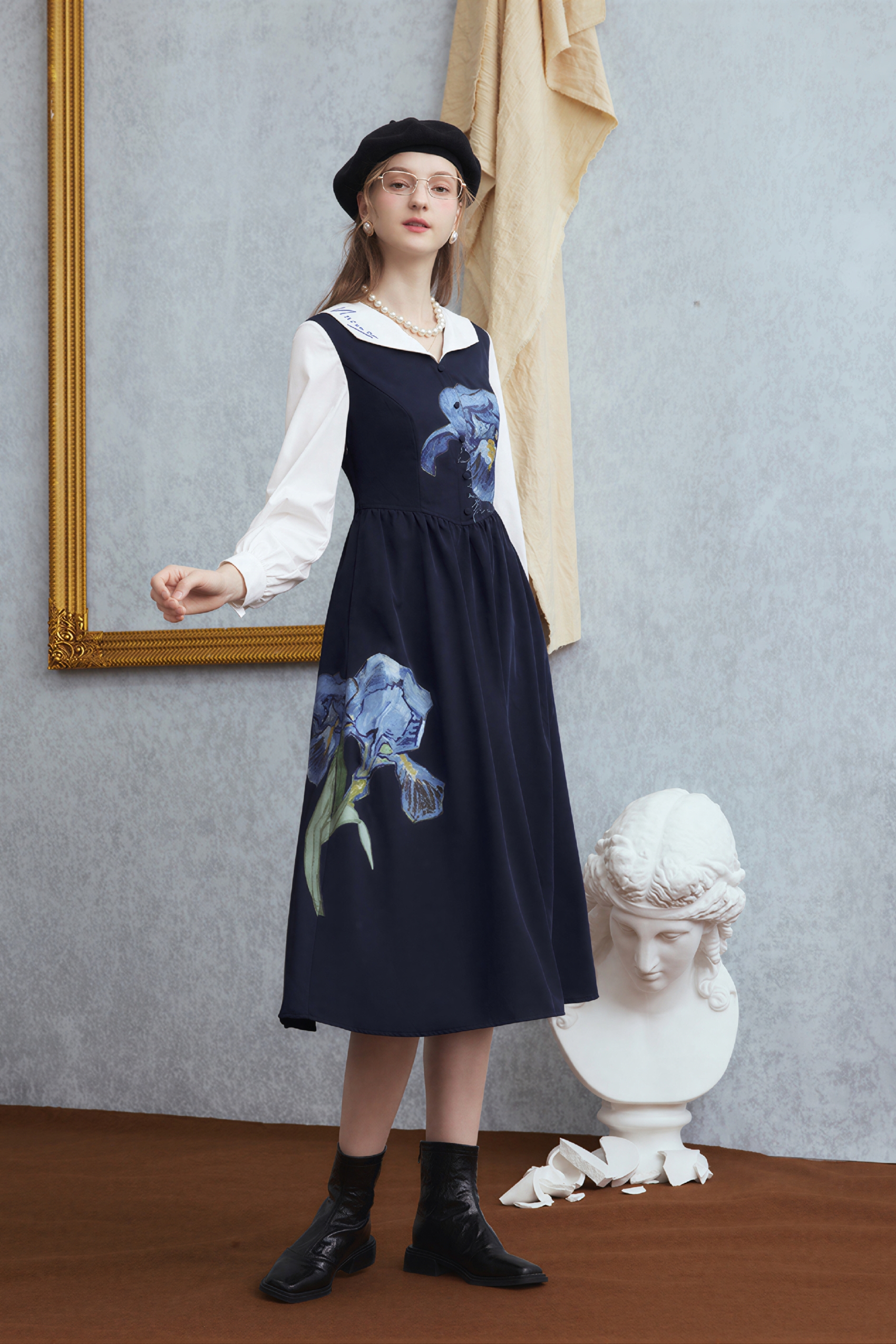 Van Gogh-Inspired French Artistic Waist-Defined Dress