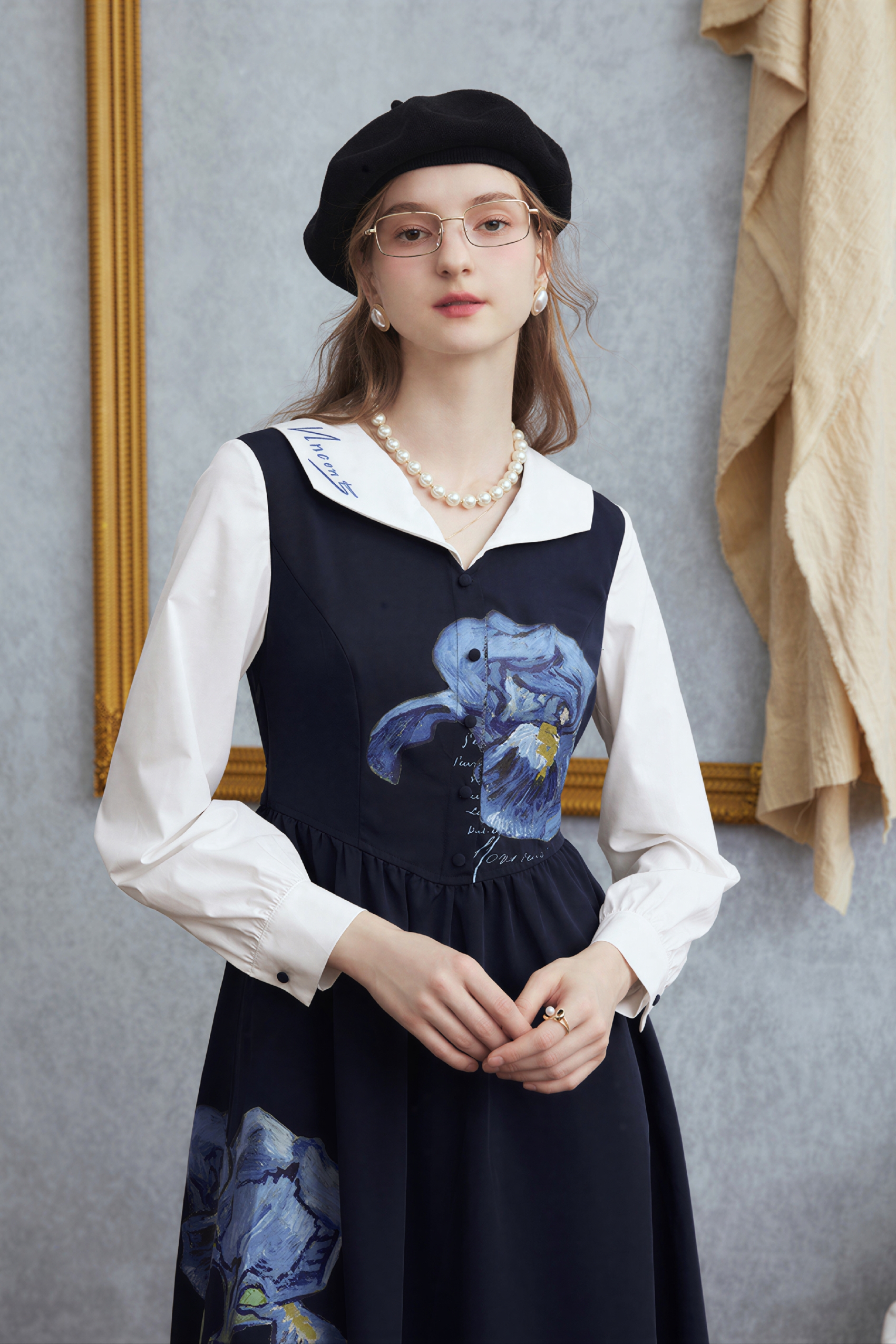 Van Gogh-Inspired French Artistic Waist-Defined Dress