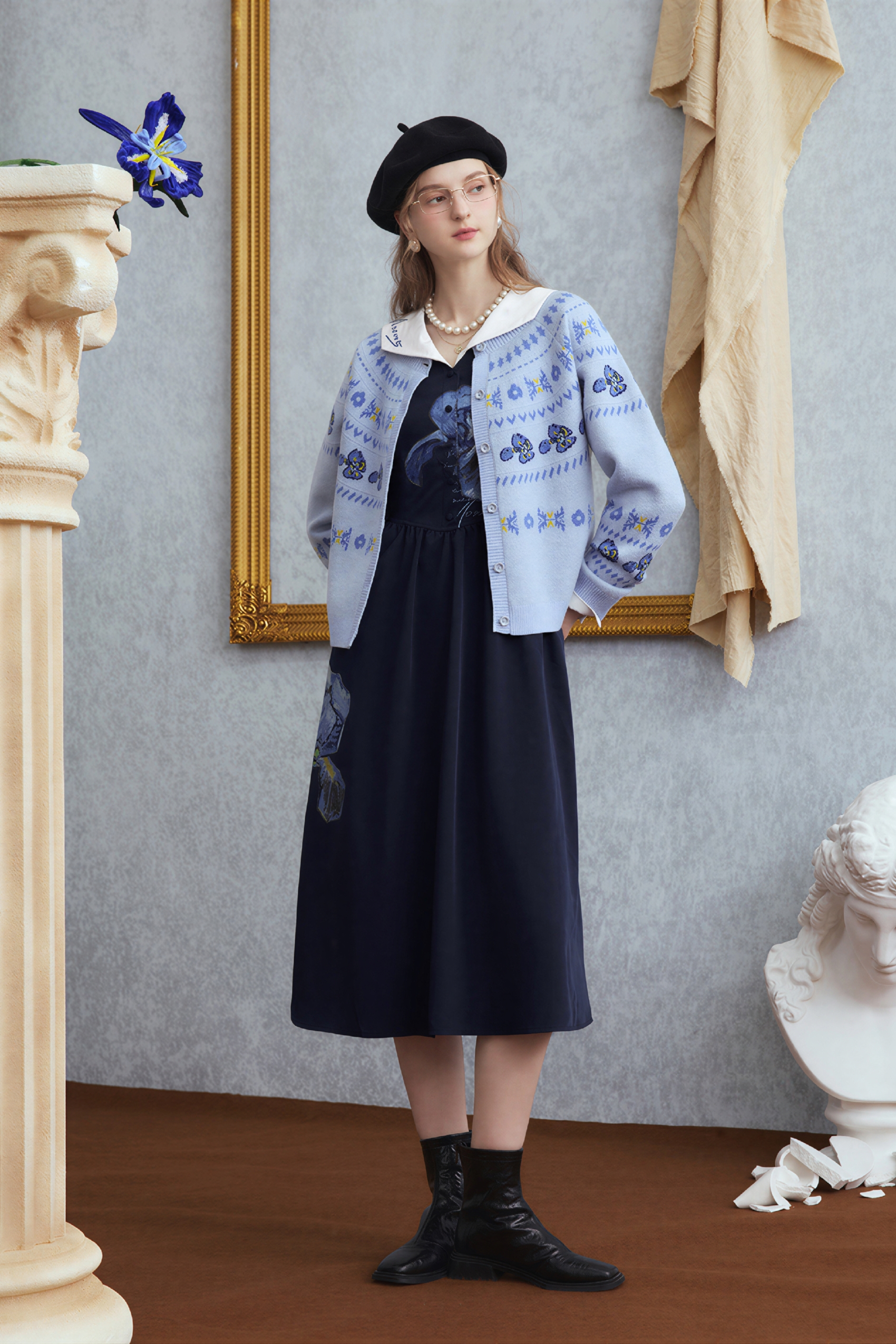 Van Gogh-Inspired French Artistic Waist-Defined Dress