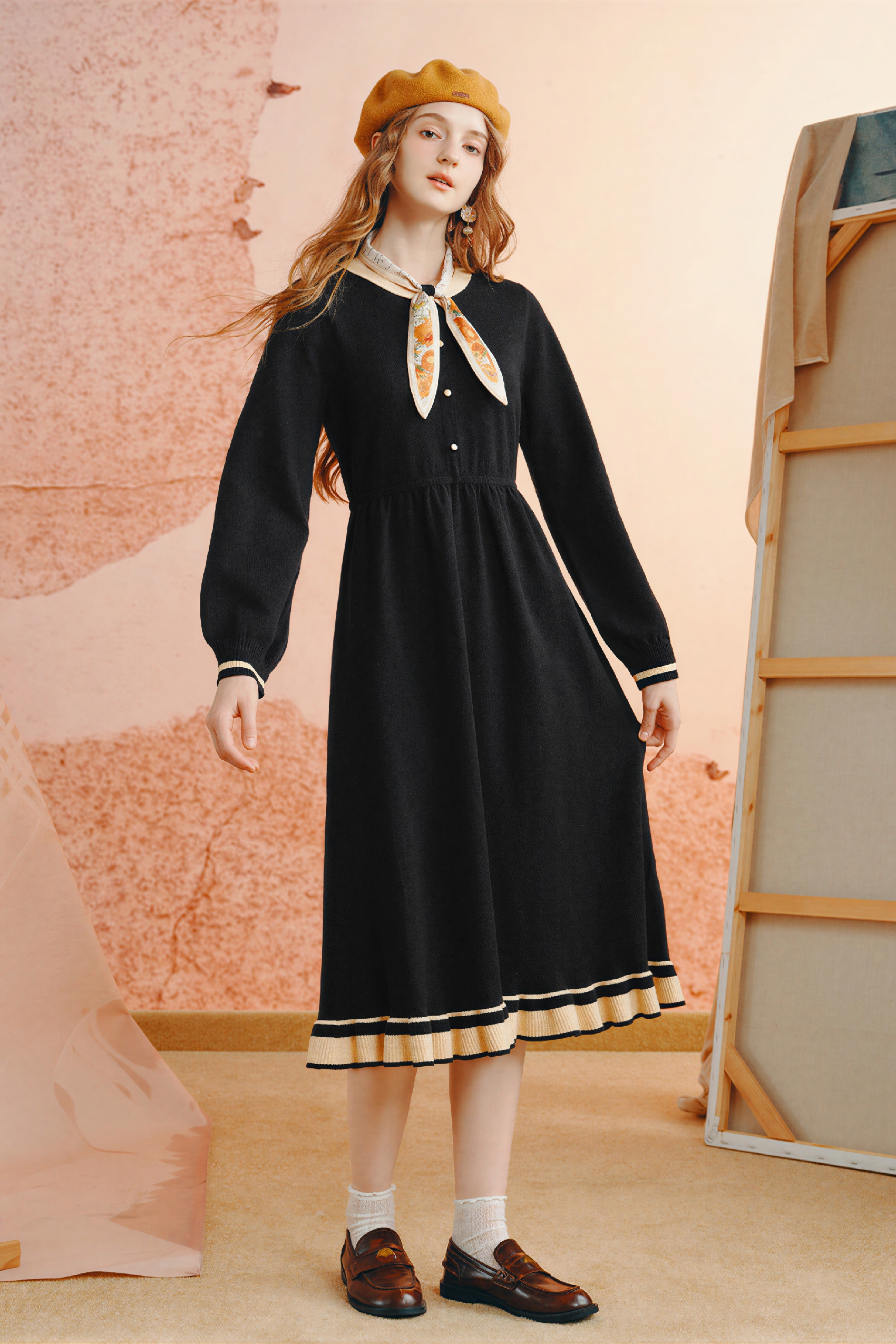 Van Gogh-Inspired Detachable Scarf Knit Dress