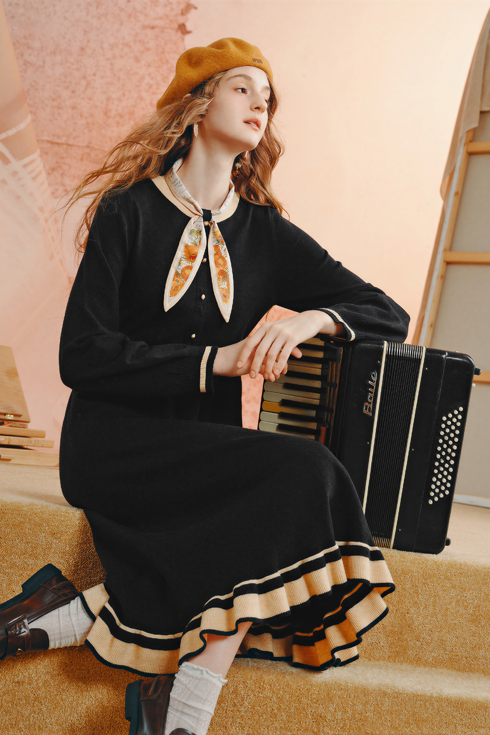 Van Gogh-Inspired Detachable Scarf Knit Dress