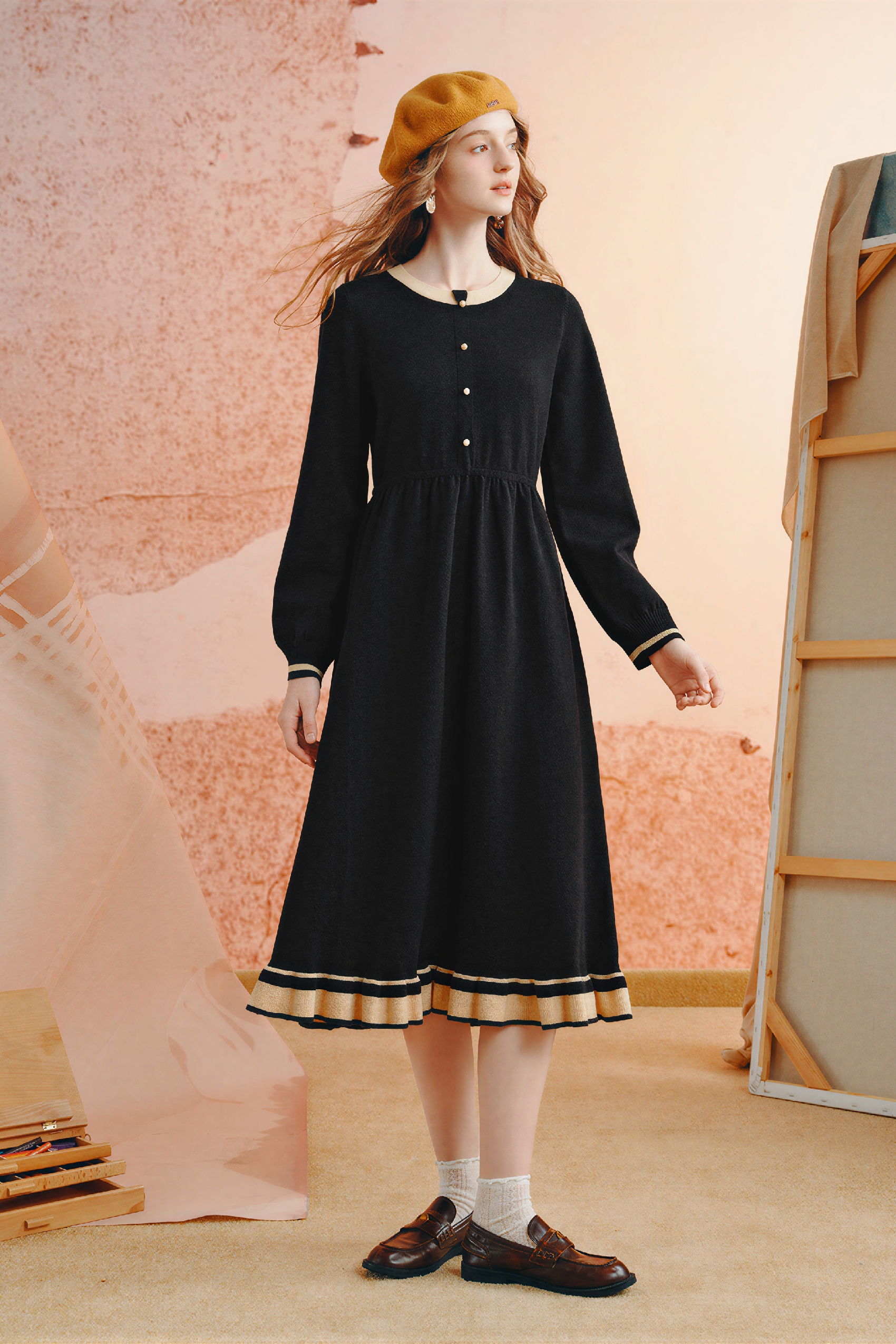 Van Gogh-Inspired Detachable Scarf Knit Dress