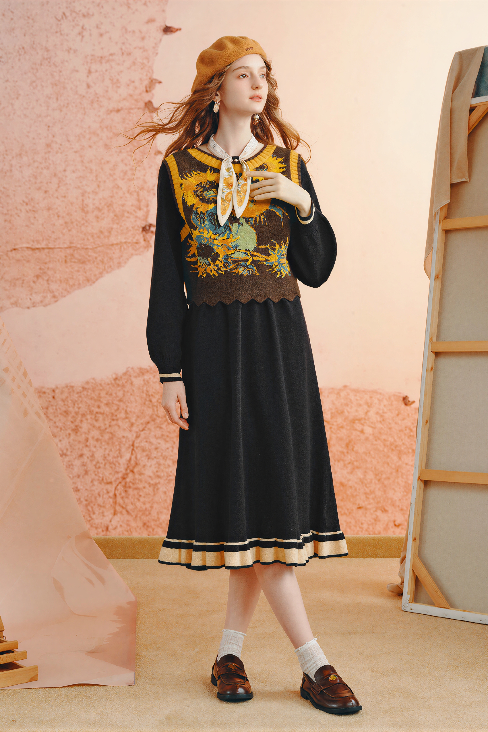 Van Gogh-Inspired Detachable Scarf Knit Dress