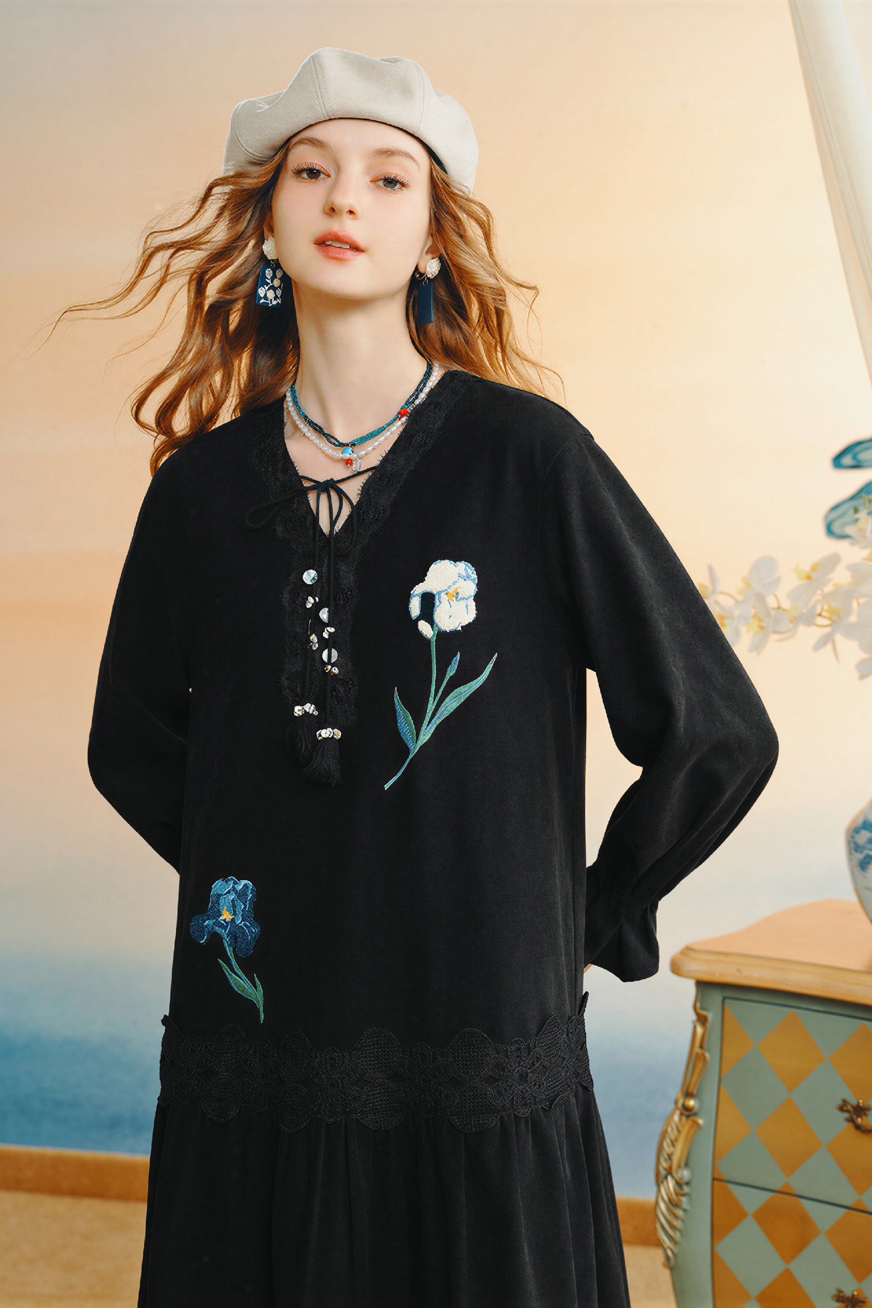 Van Gogh-Inspired Black Lace Autumn Dress