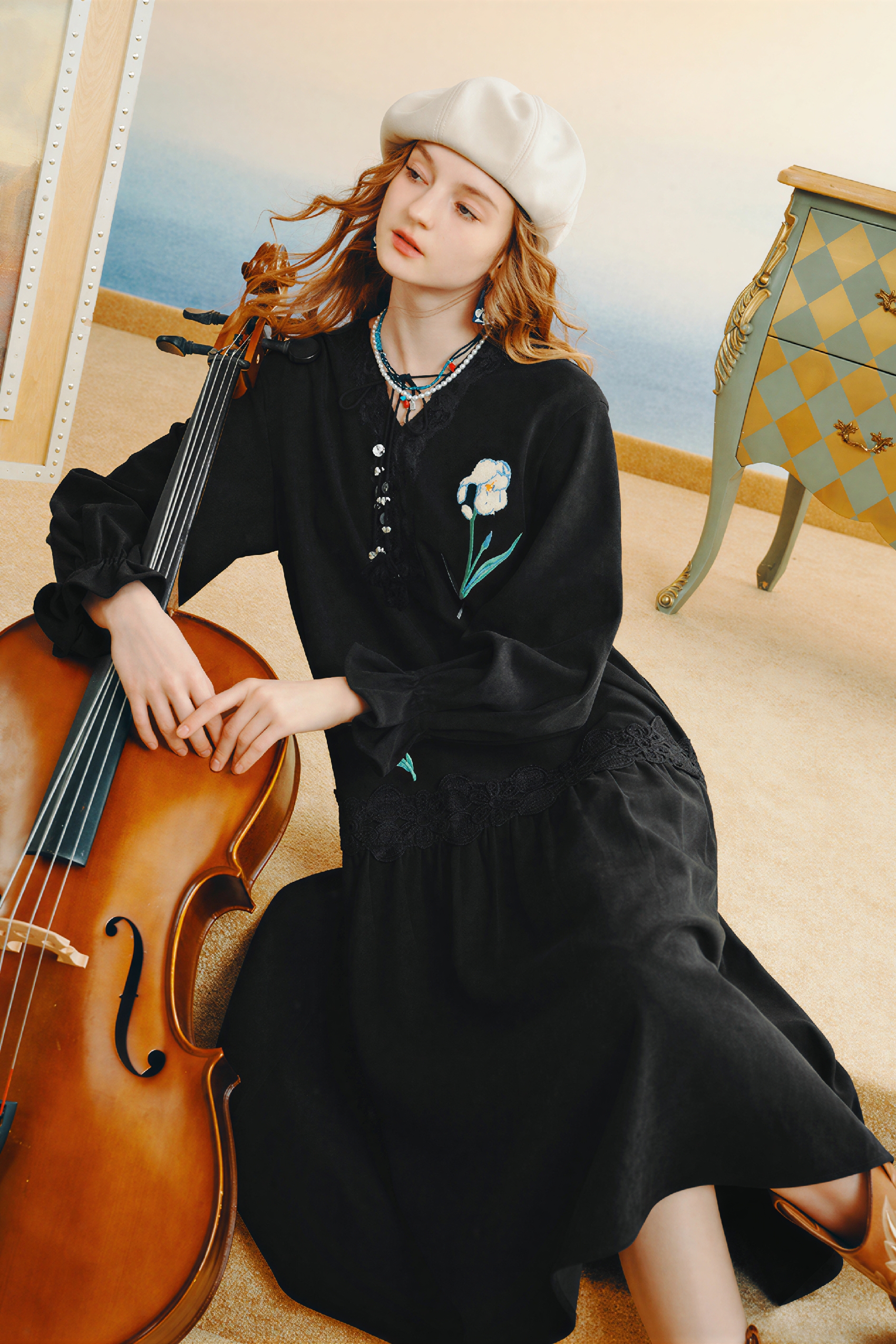 Van Gogh-Inspired Black Lace Autumn Dress