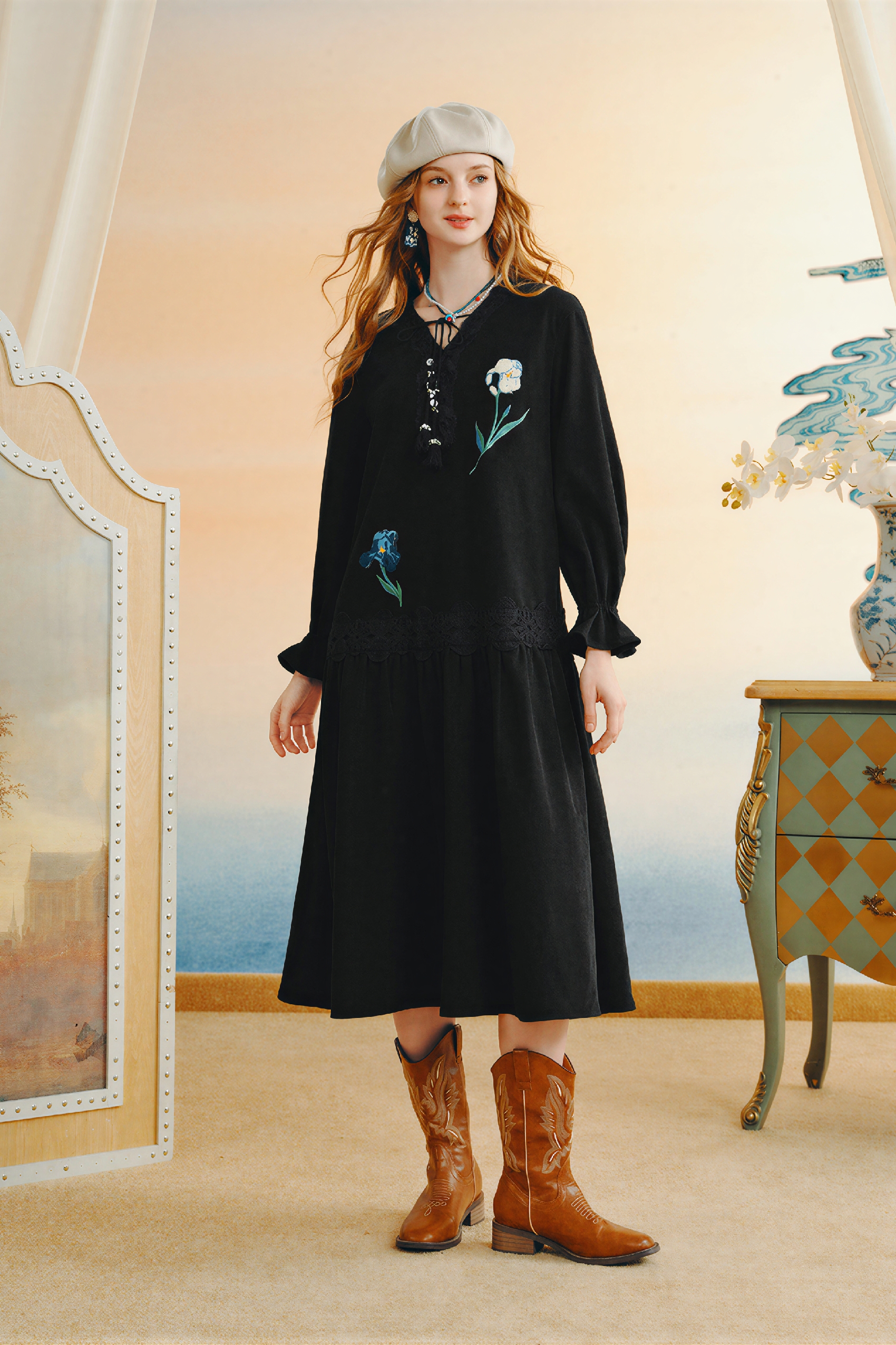 Van Gogh-Inspired Black Lace Autumn Dress