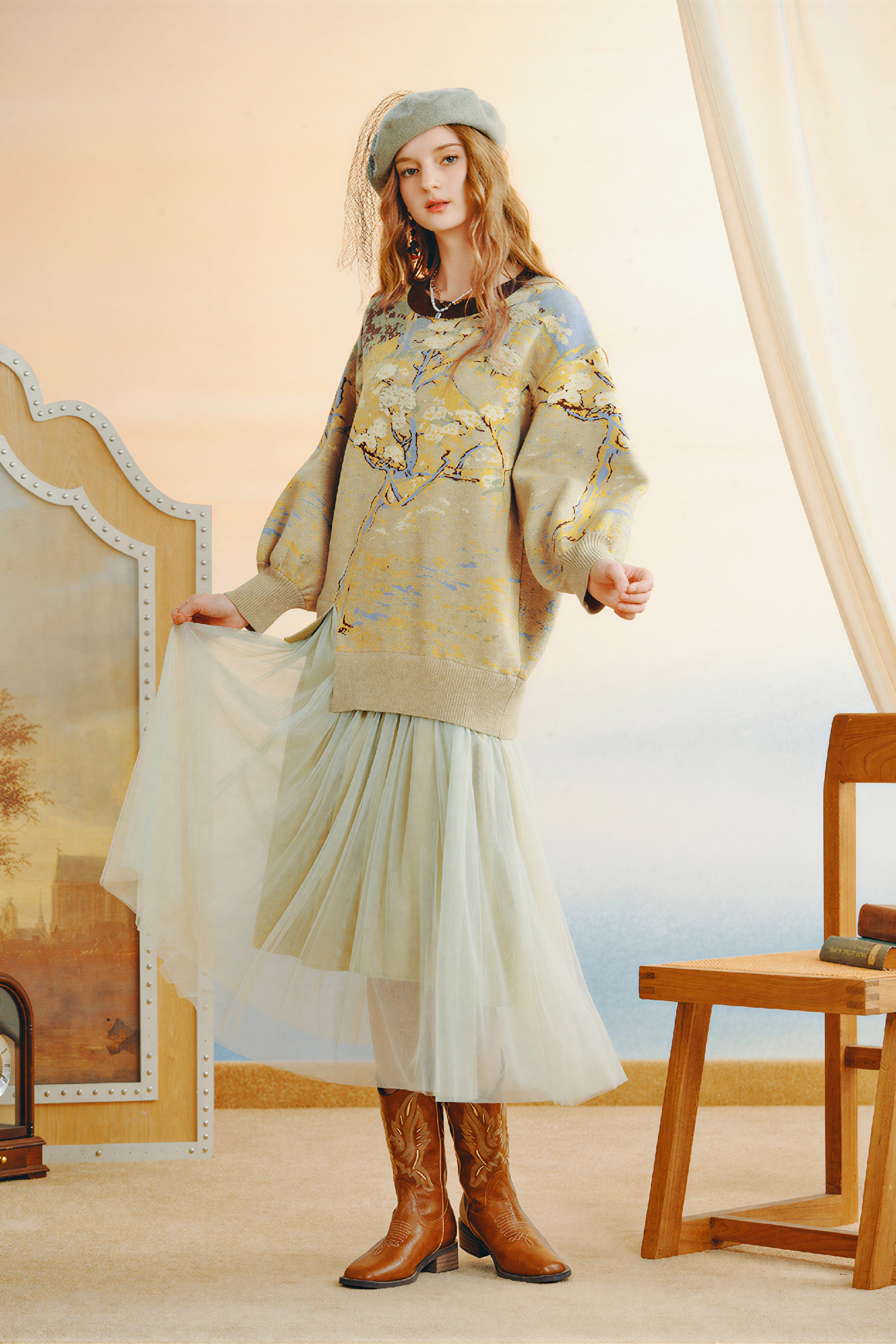 Van Gogh-Inspired Floral Patchwork Knit Dress