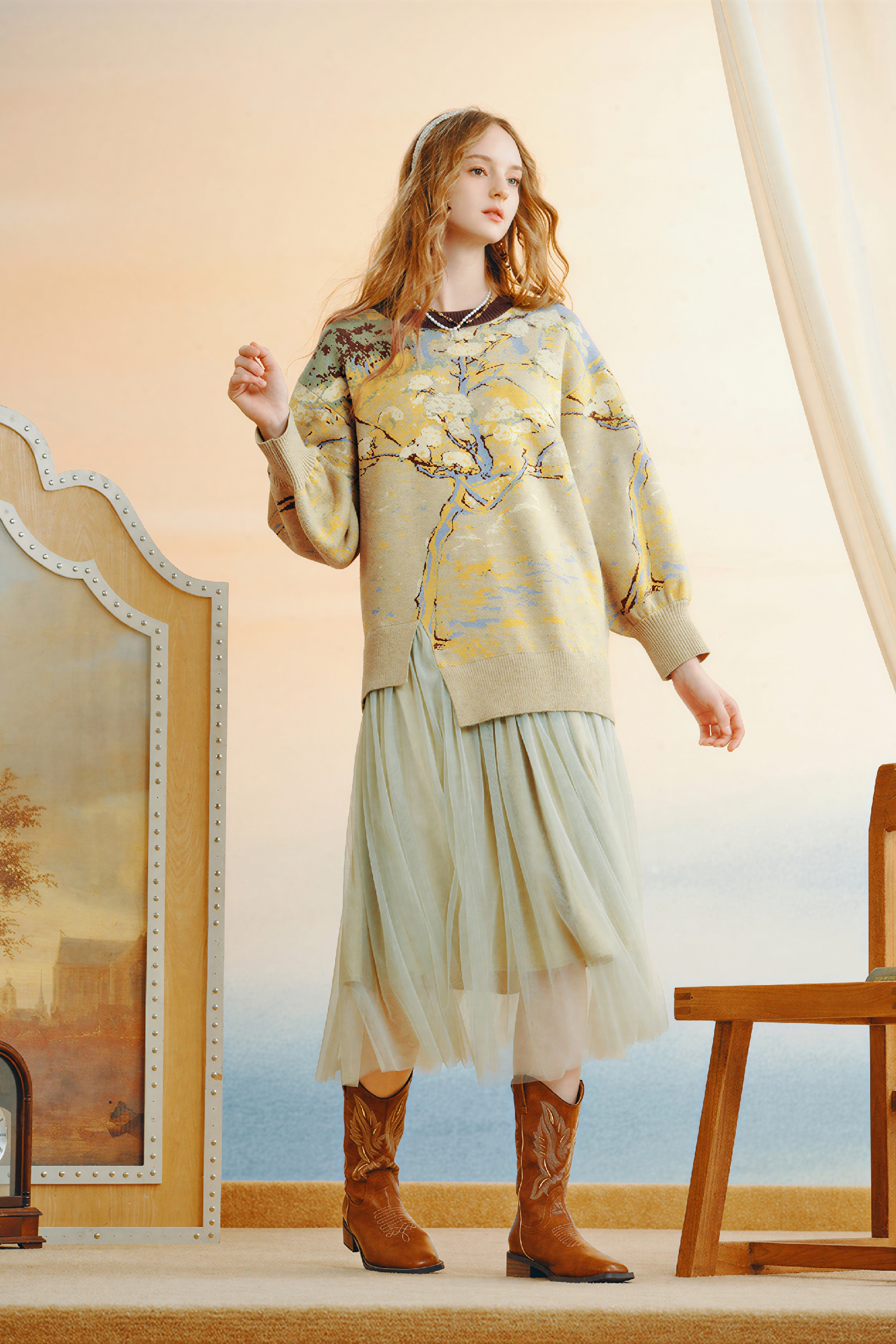 Van Gogh-Inspired Floral Patchwork Knit Dress