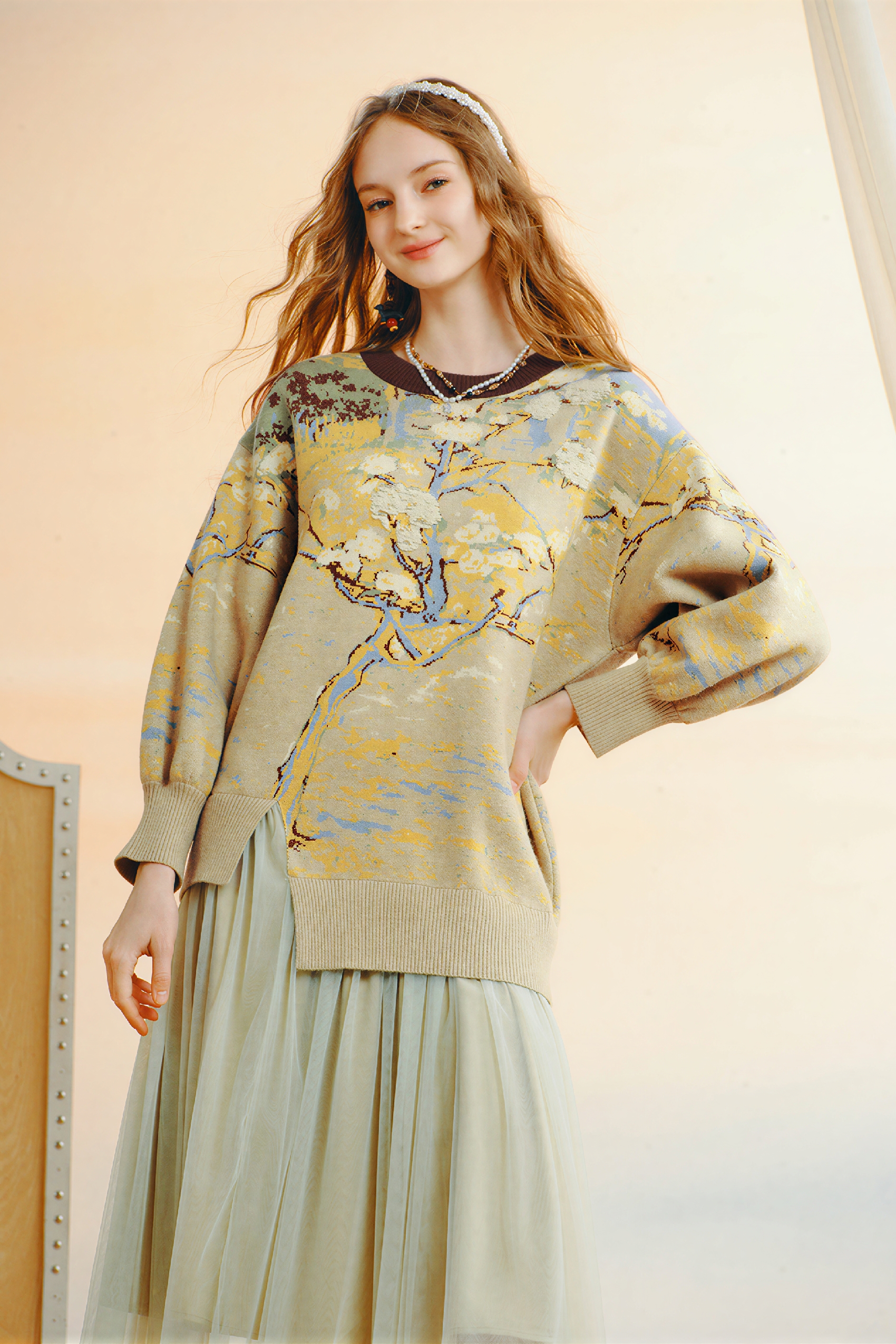 Van Gogh-Inspired Floral Patchwork Knit Dress