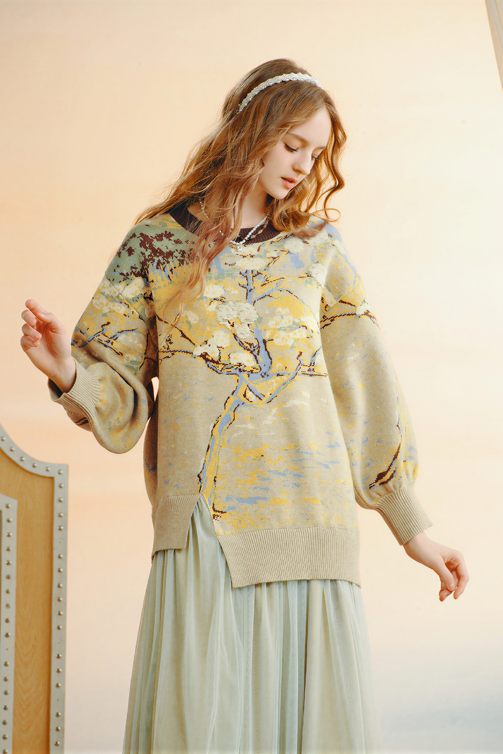 Van Gogh-Inspired Floral Patchwork Knit Dress