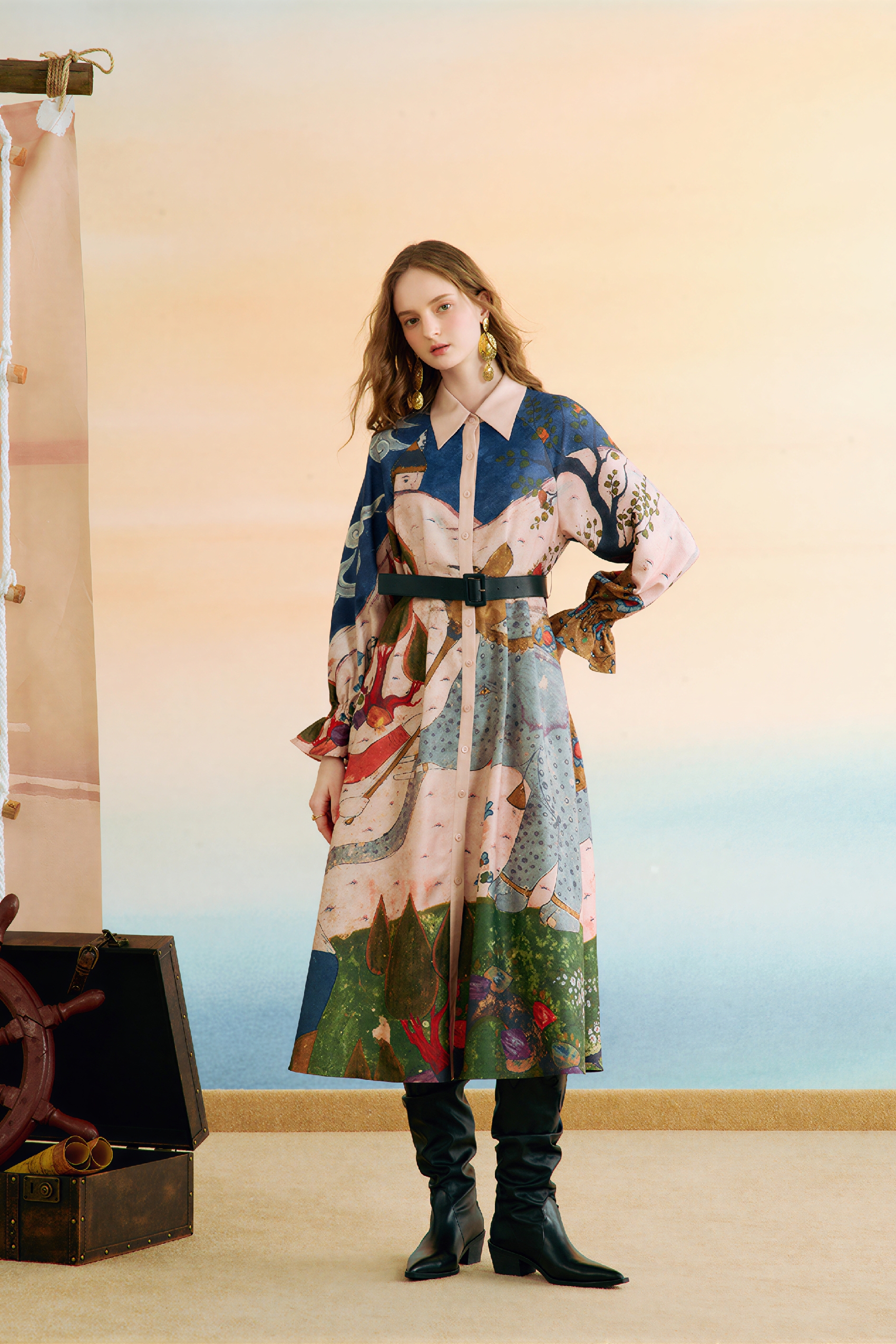 Printed Tie-Waist Trench-Style Dress