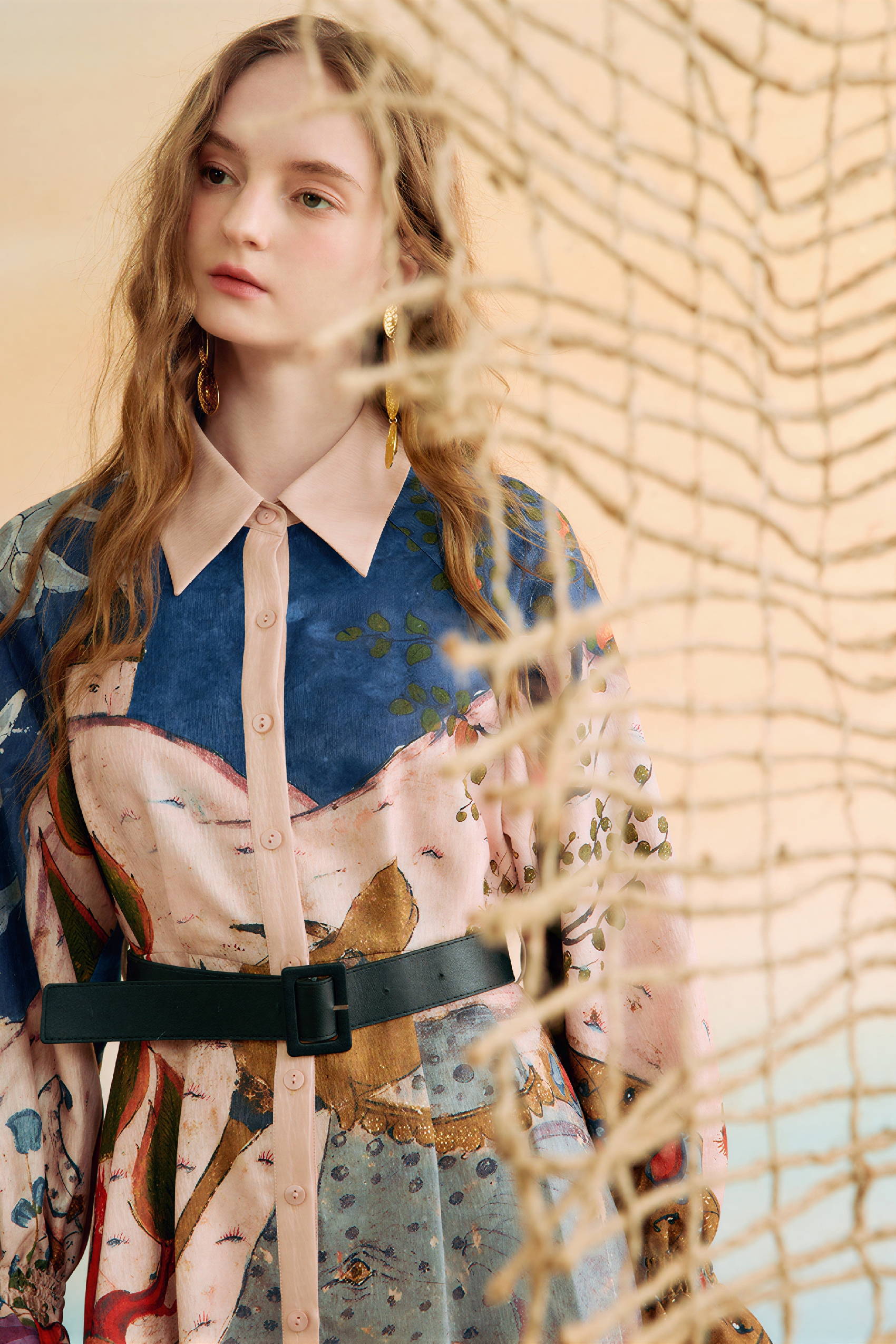 Printed Tie-Waist Trench-Style Dress