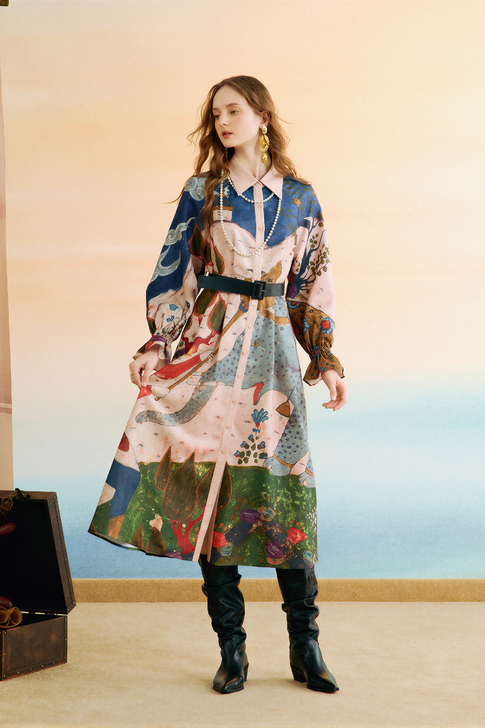 Printed Tie-Waist Trench-Style Dress