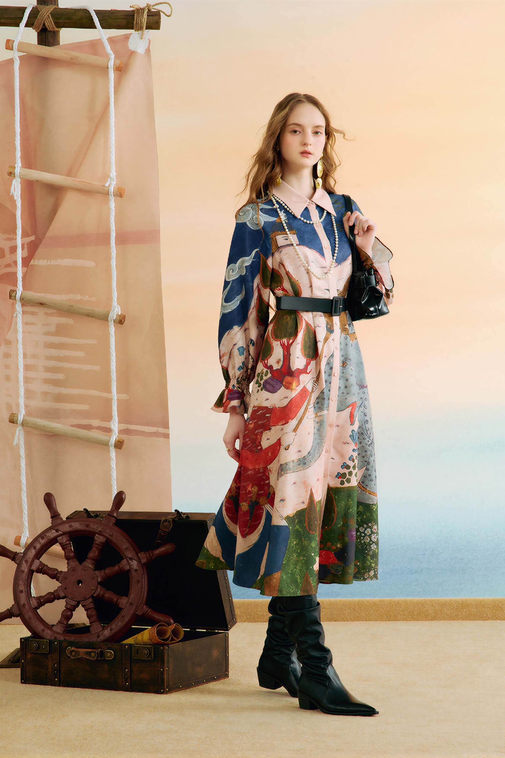 Printed Tie-Waist Trench-Style Dress
