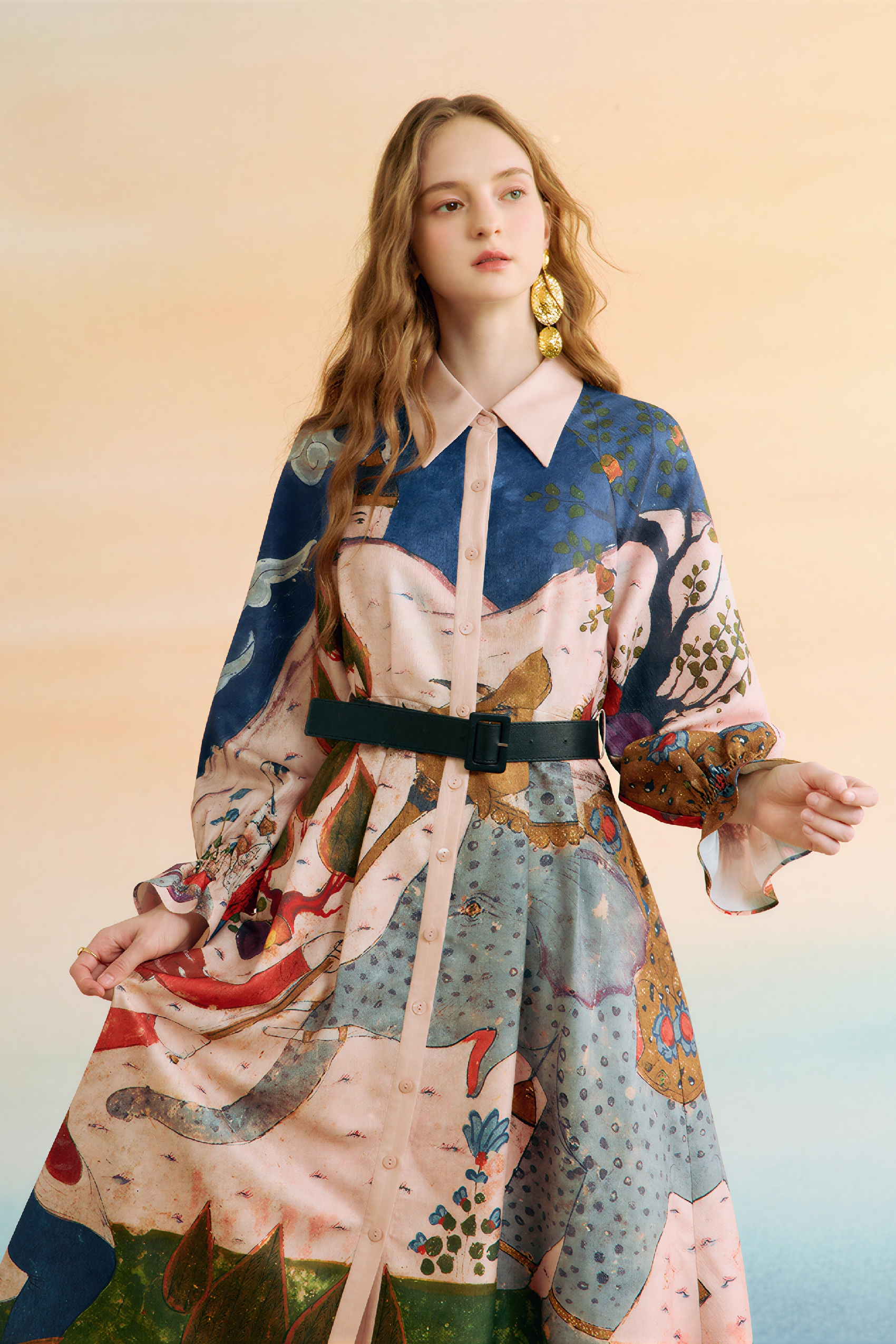 Printed Tie-Waist Trench-Style Dress