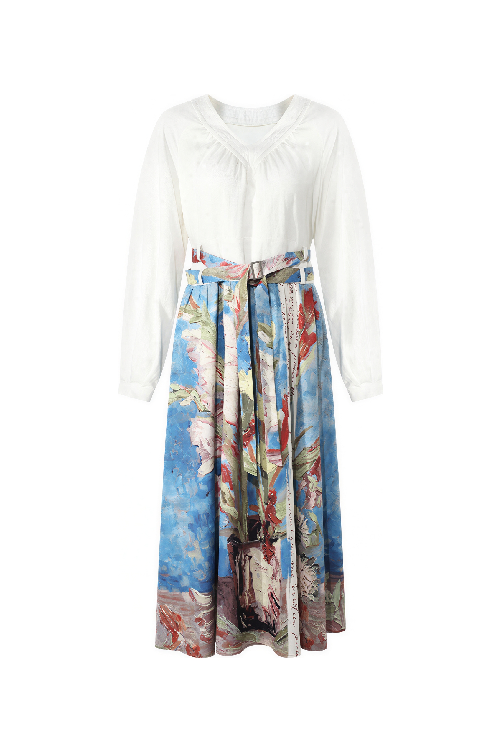 Van Gogh-Inspired French-Style V-Neck A-Line Dress