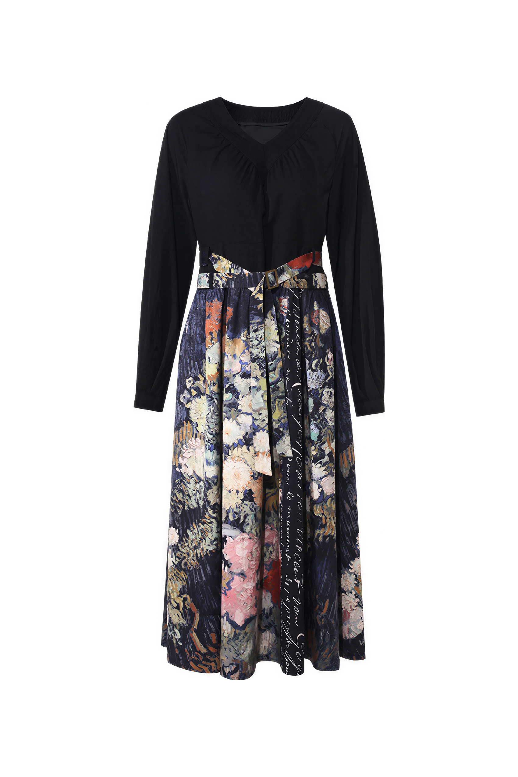 Van Gogh-Inspired French-Style V-Neck A-Line Dress