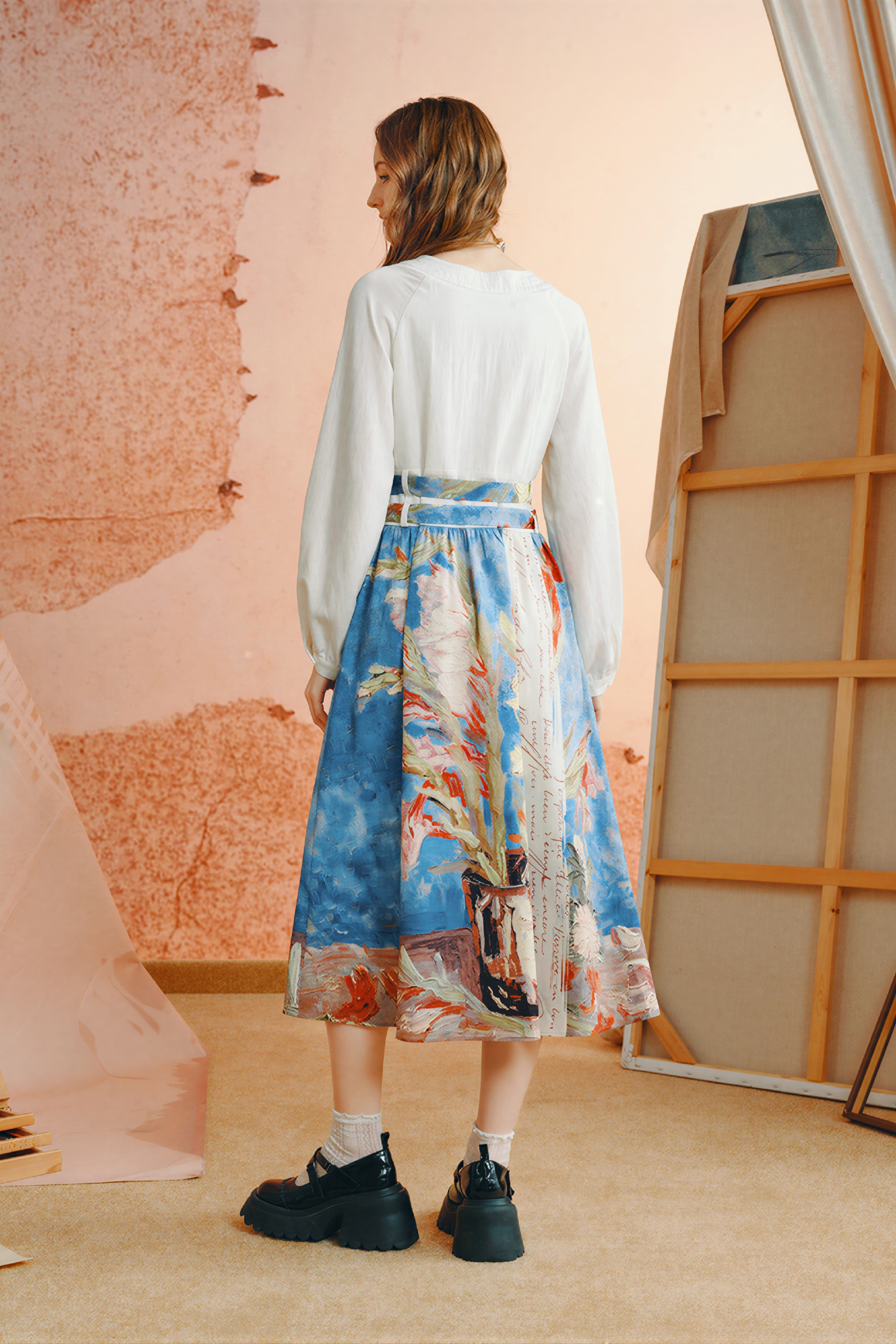 Van Gogh-Inspired French-Style V-Neck A-Line Dress