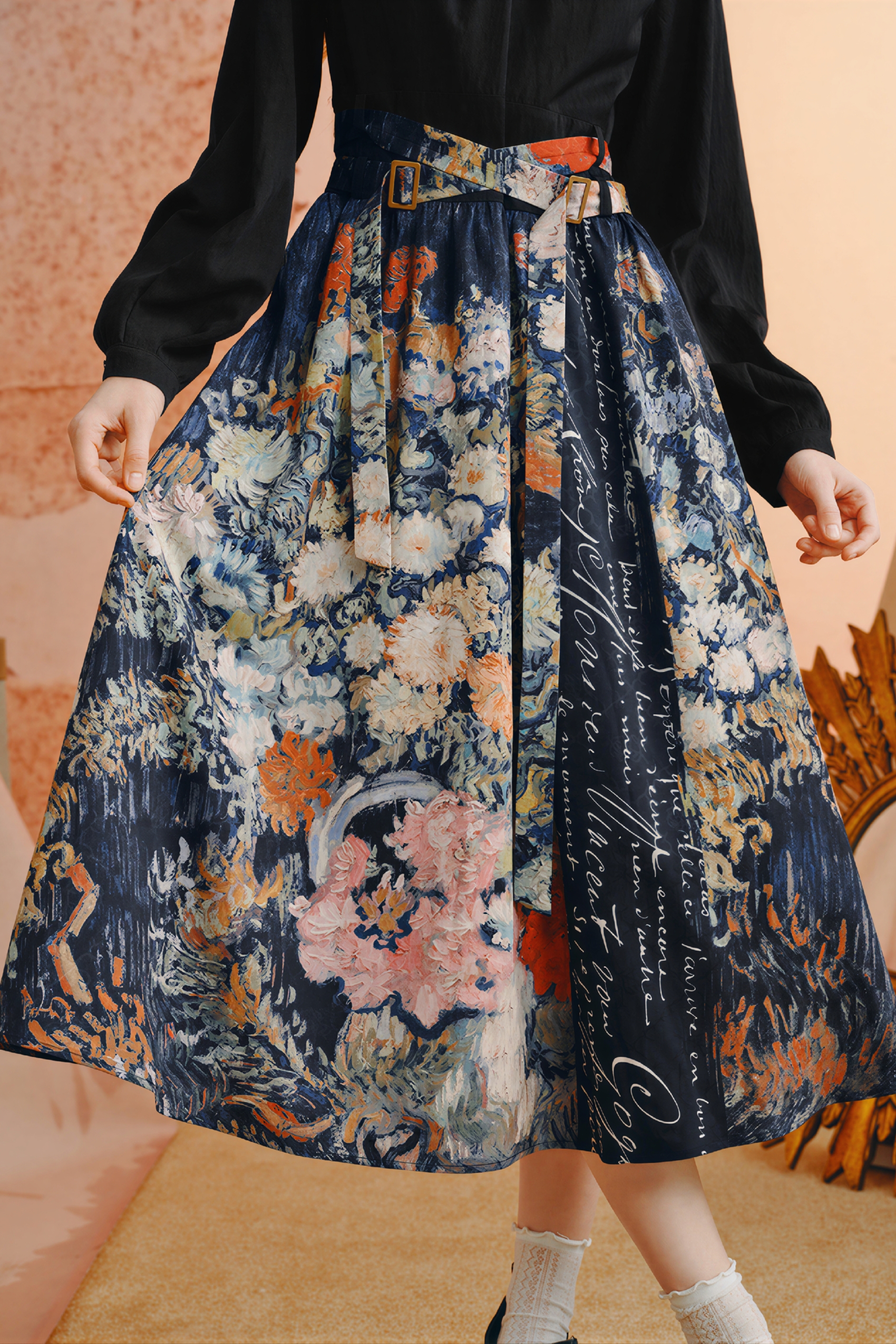 Van Gogh-Inspired French-Style V-Neck A-Line Dress