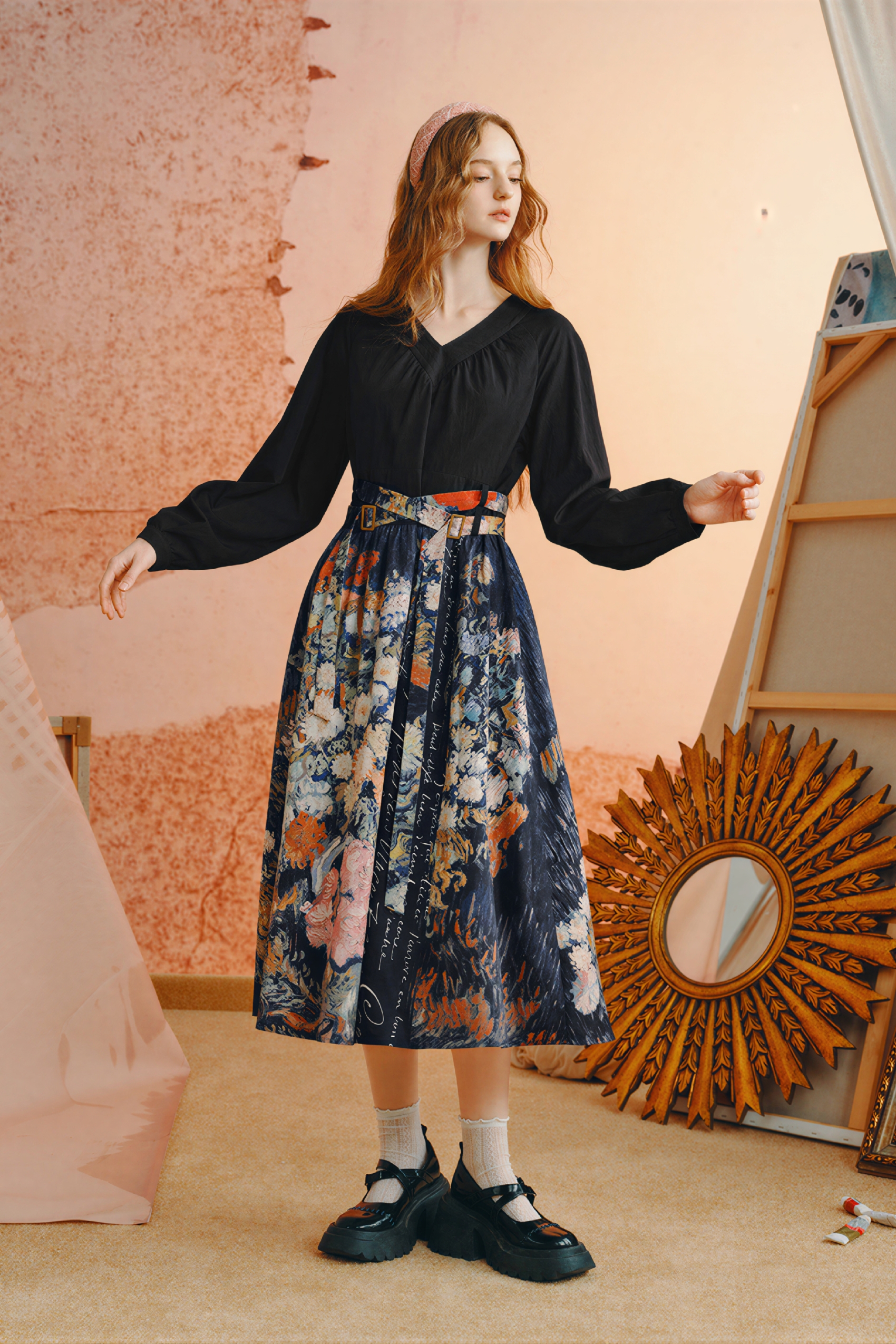 Van Gogh-Inspired French-Style V-Neck A-Line Dress