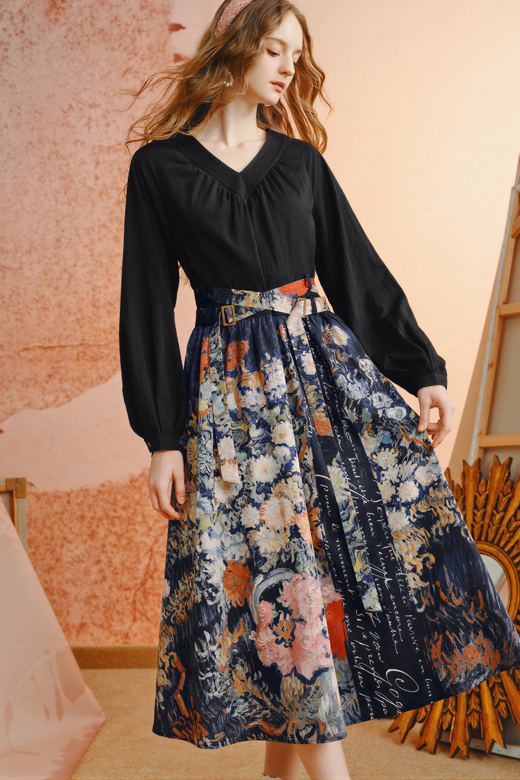 Van Gogh-Inspired French-Style V-Neck A-Line Dress