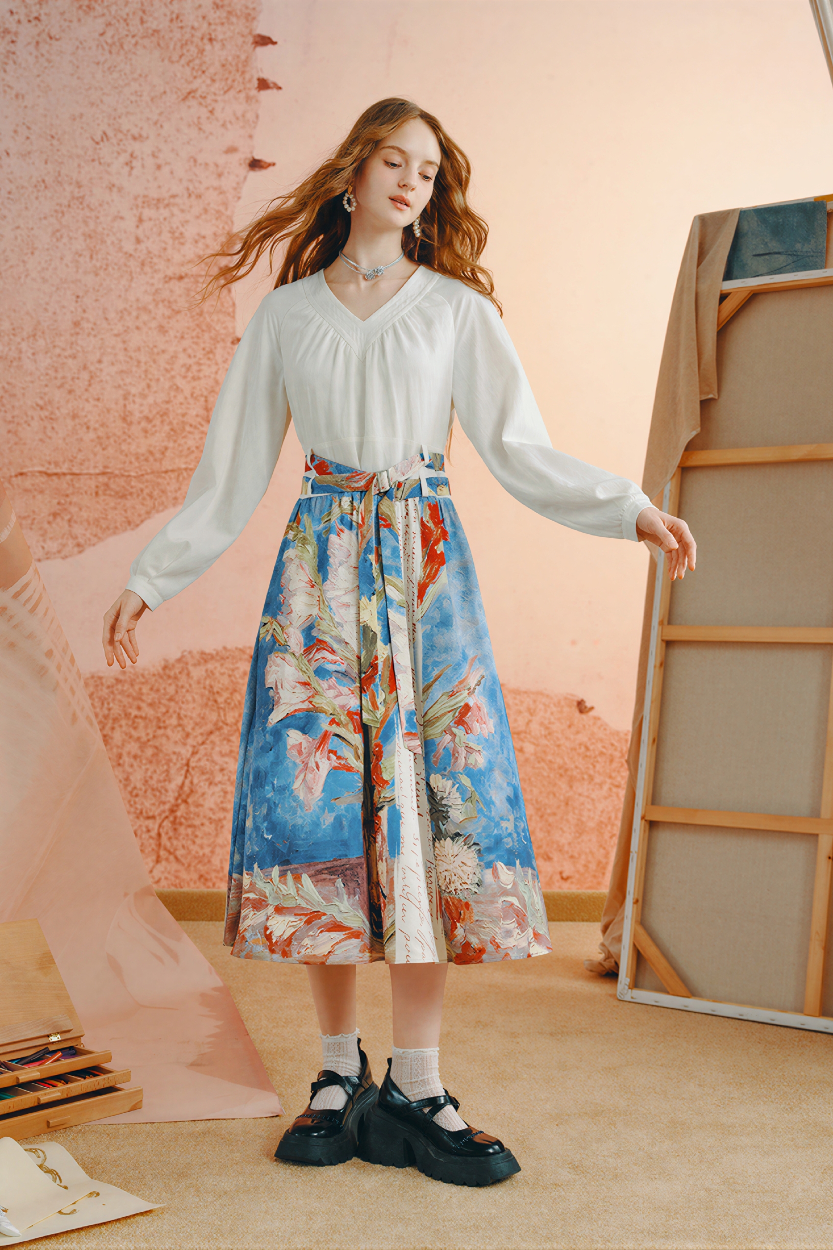 Van Gogh-Inspired French-Style V-Neck A-Line Dress