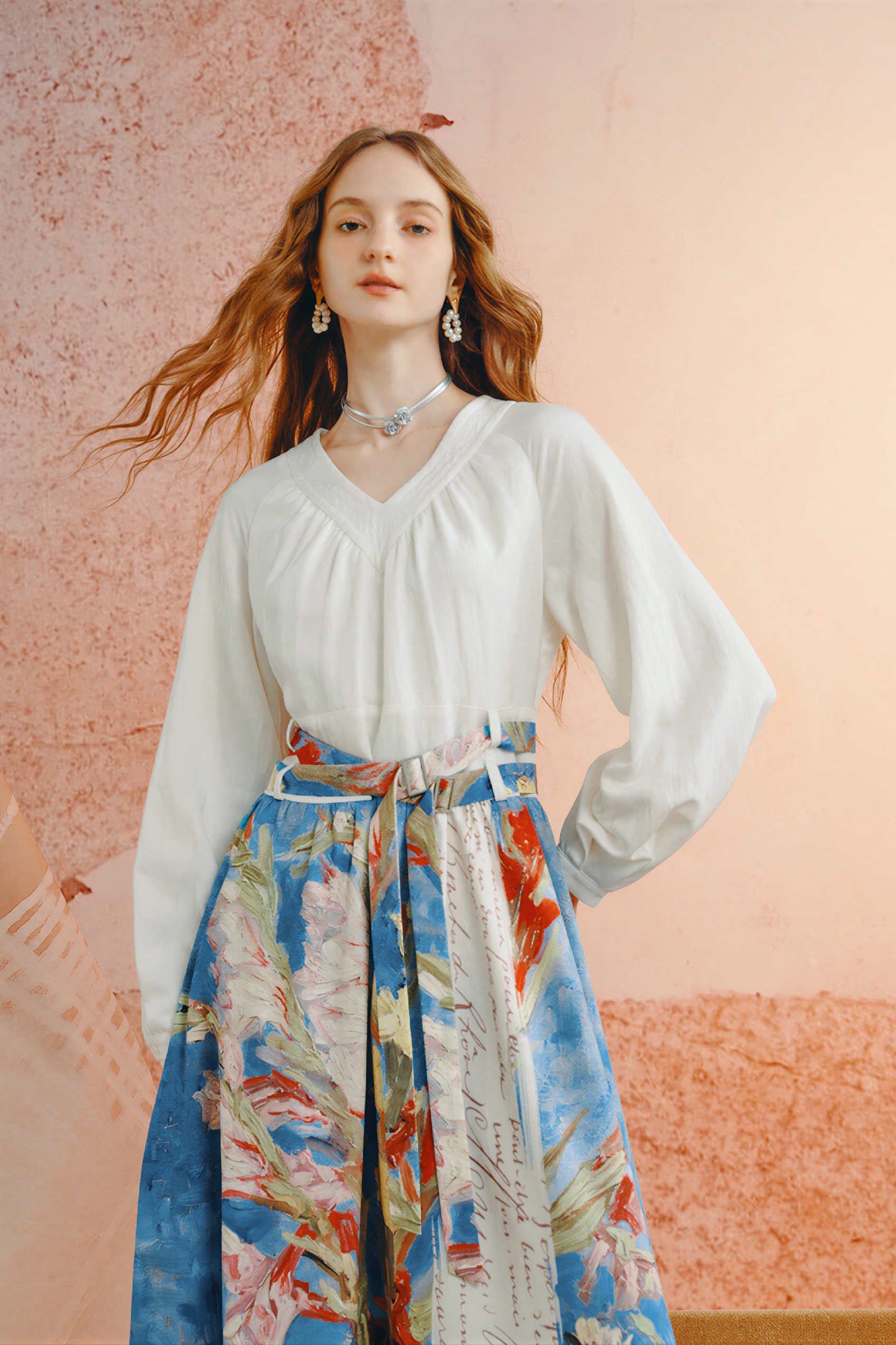 Van Gogh-Inspired French-Style V-Neck A-Line Dress