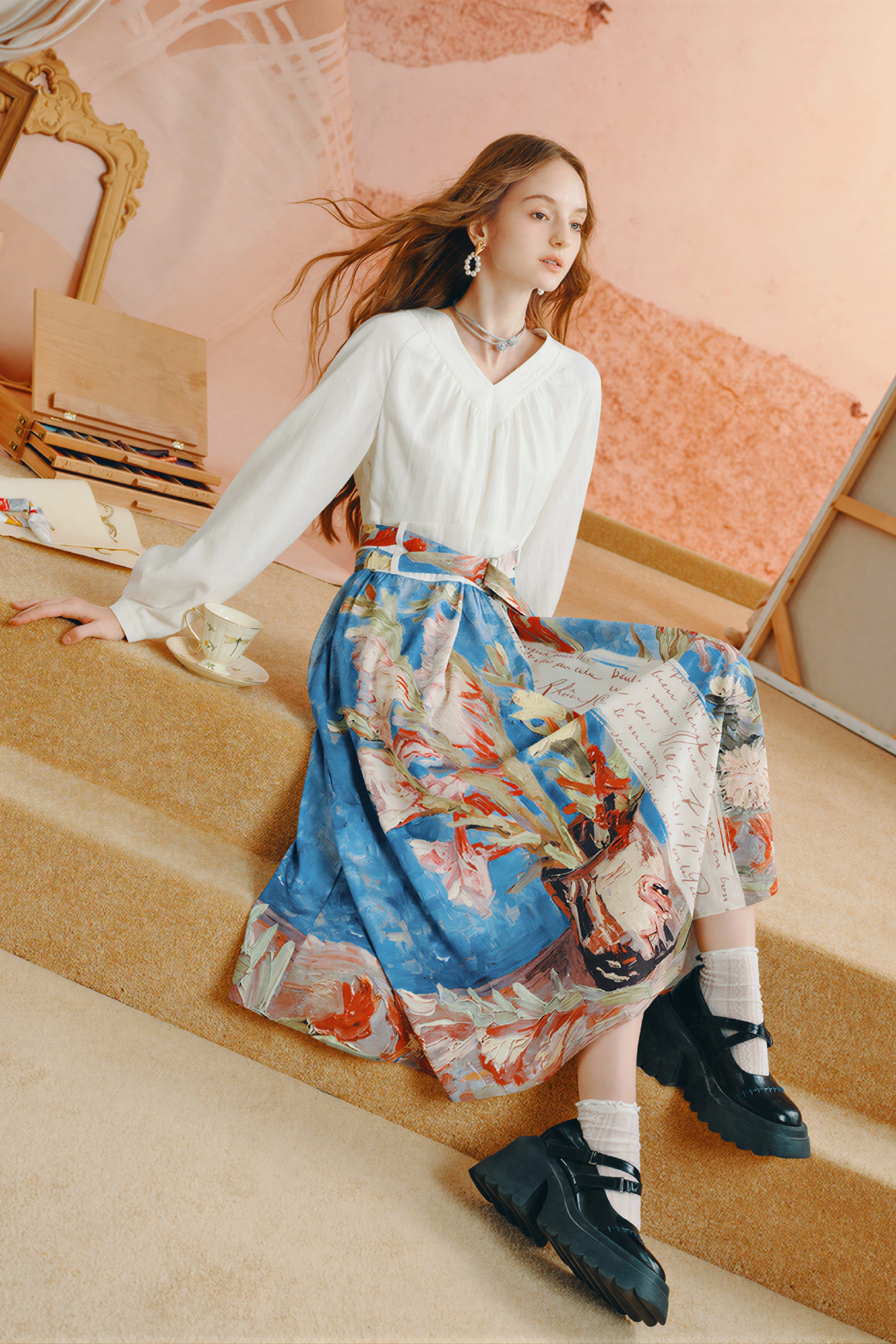 Van Gogh-Inspired French-Style V-Neck A-Line Dress